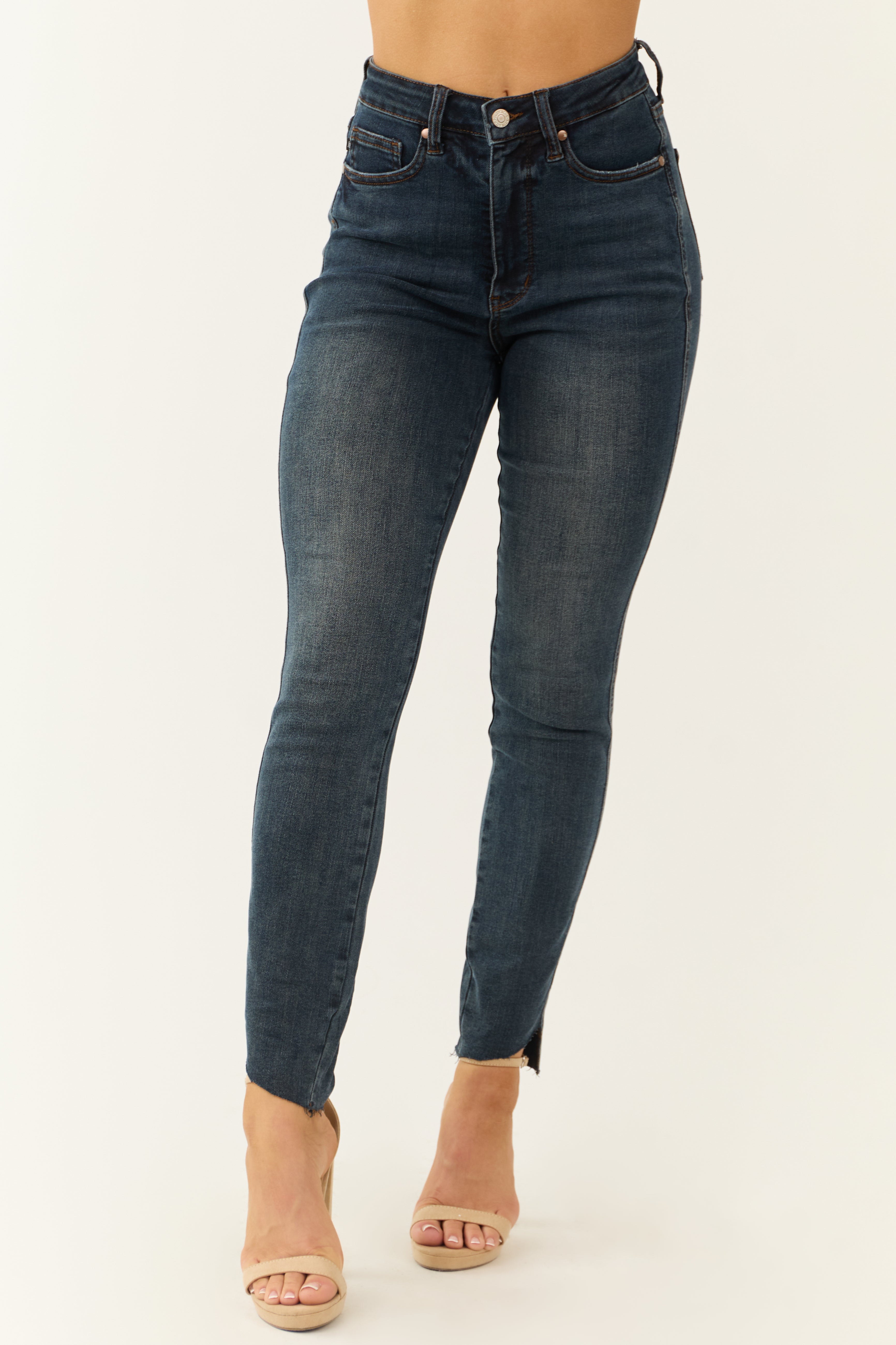 Judy Blue Dark Tummy Control Step Hem Skinny Jeans-Newayad