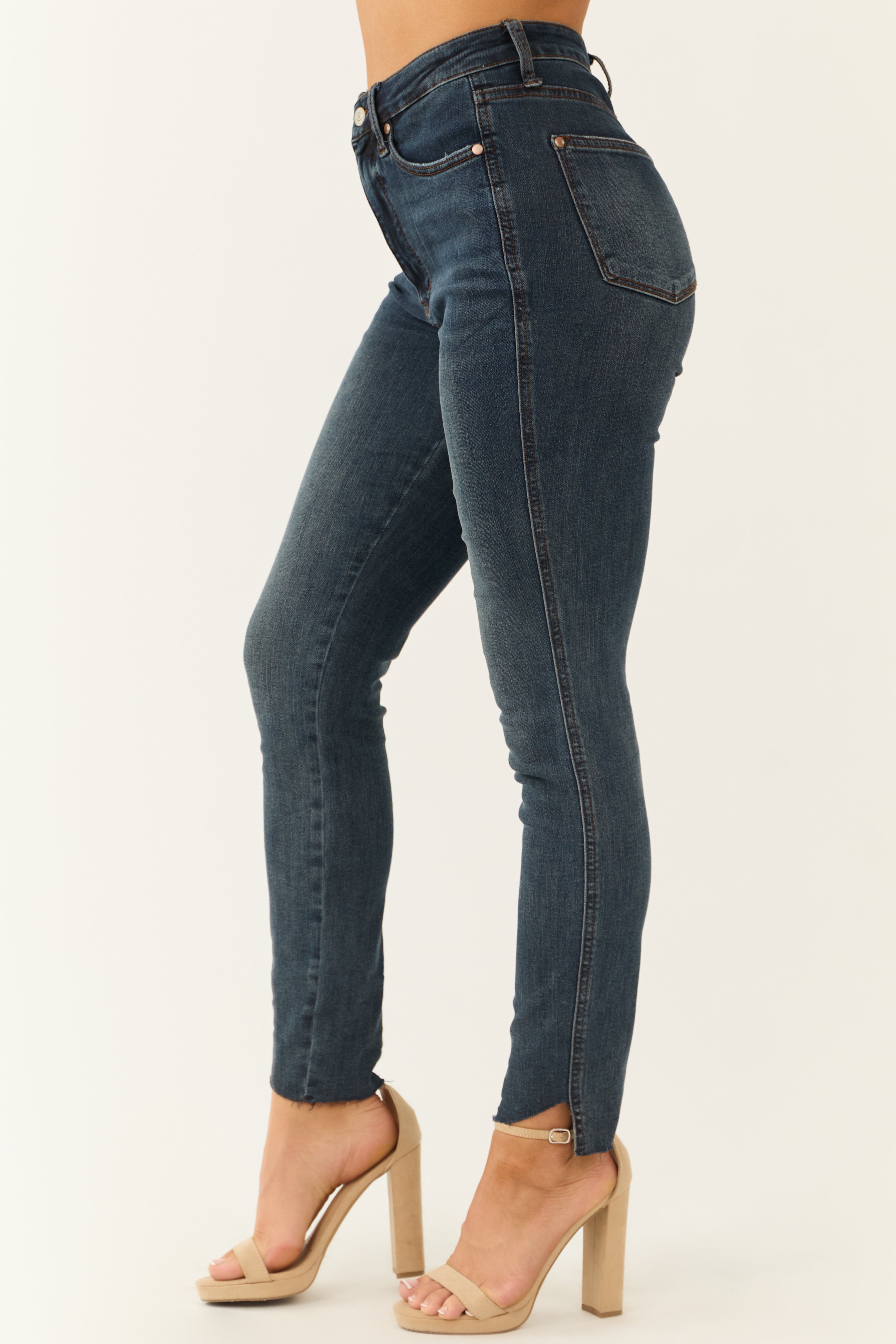 Judy Blue Dark Tummy Control Step Hem Skinny Jeans-Newayad