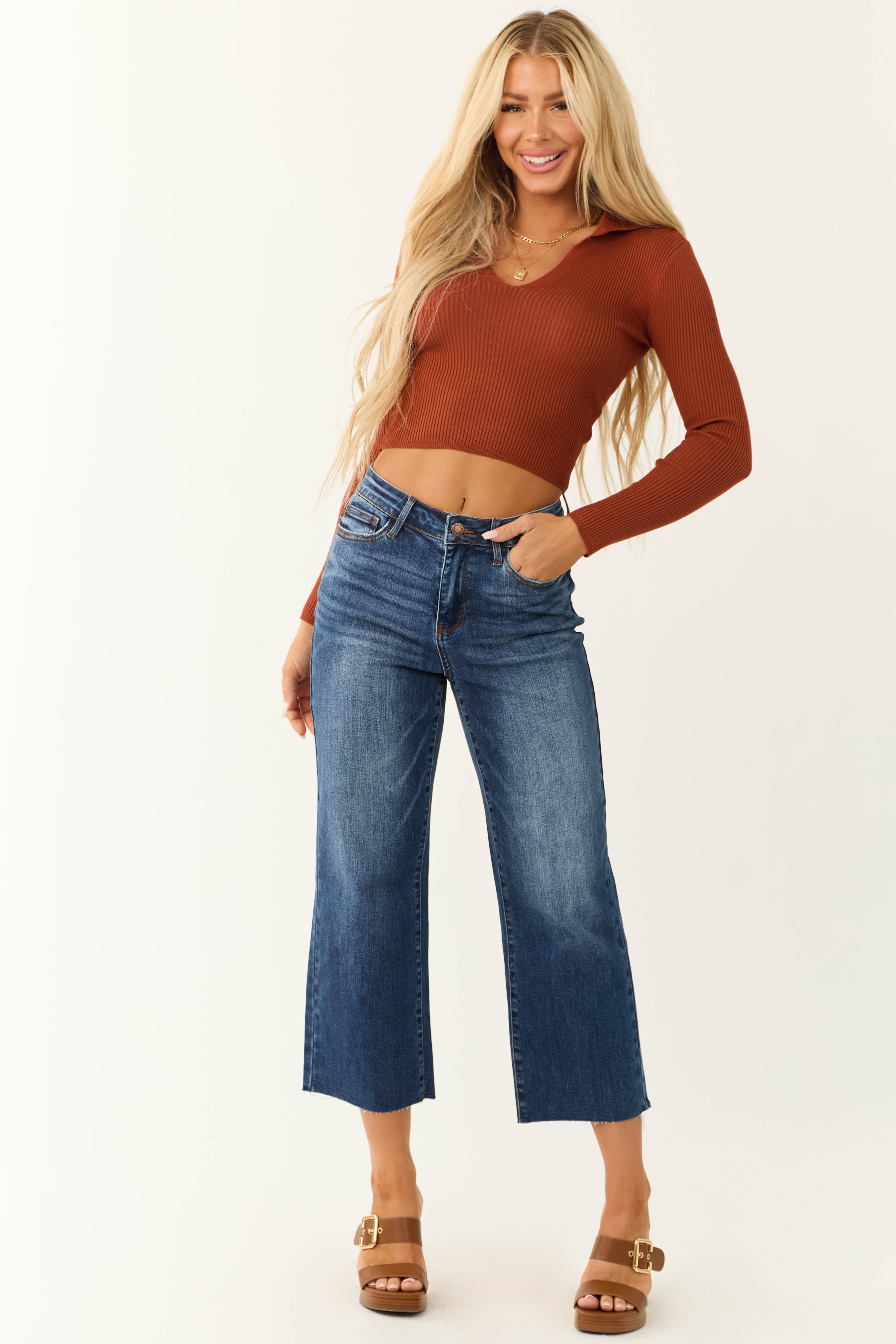 Judy Blue Dark Wash Wide Leg Cropped Jeans-Newayad