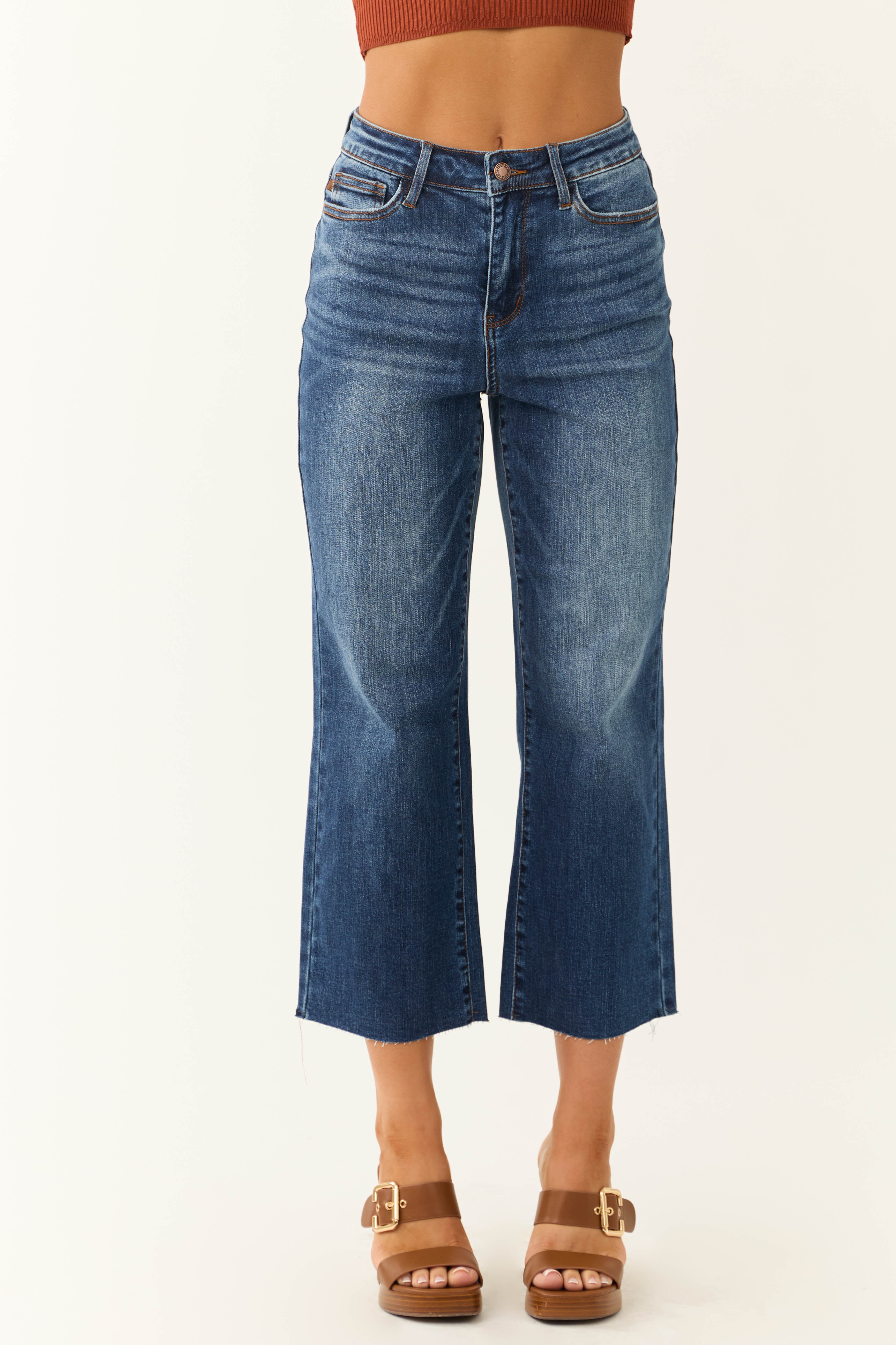 Judy Blue Dark Wash Wide Leg Cropped Jeans-Newayad