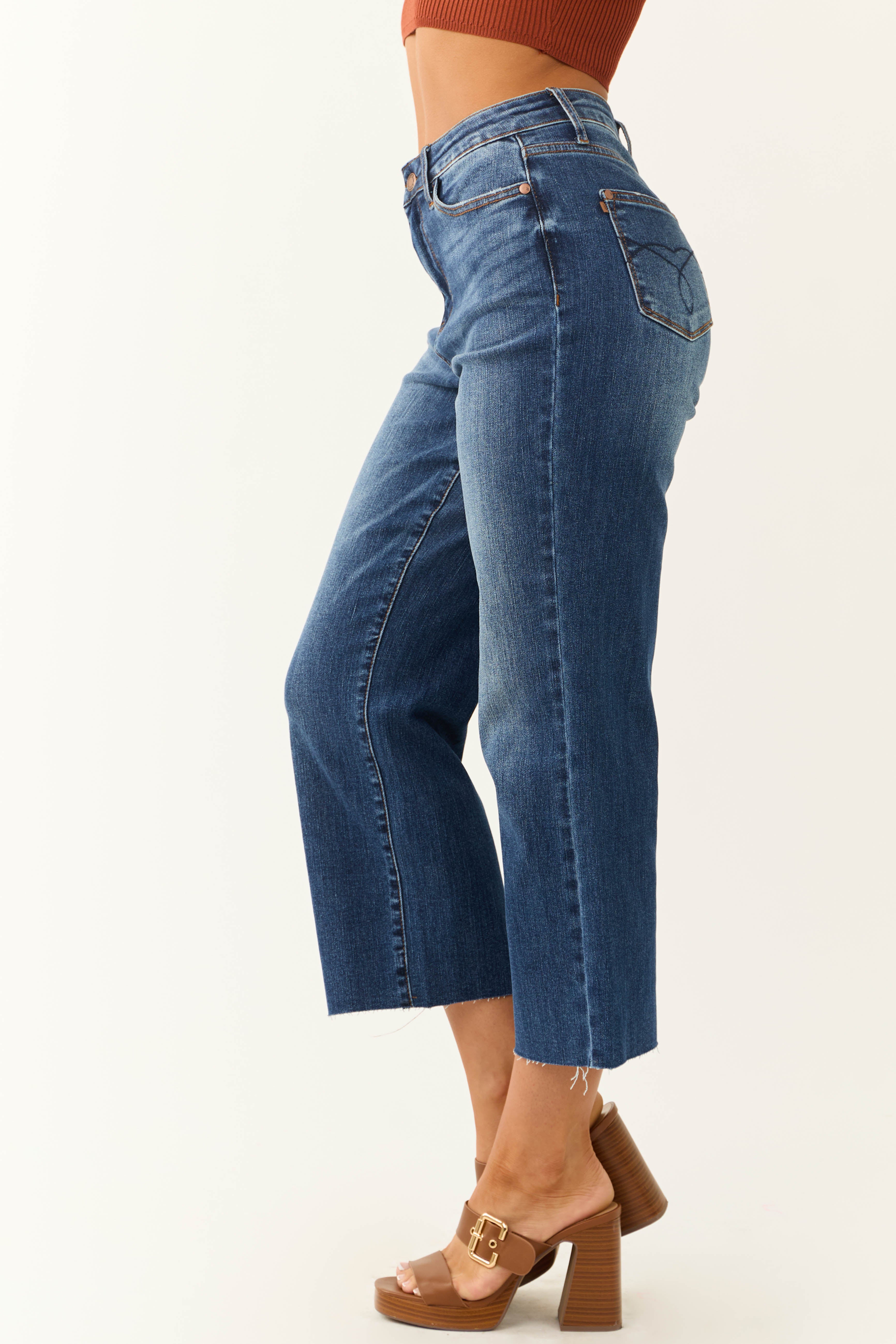 Judy Blue Dark Wash Wide Leg Cropped Jeans-Newayad