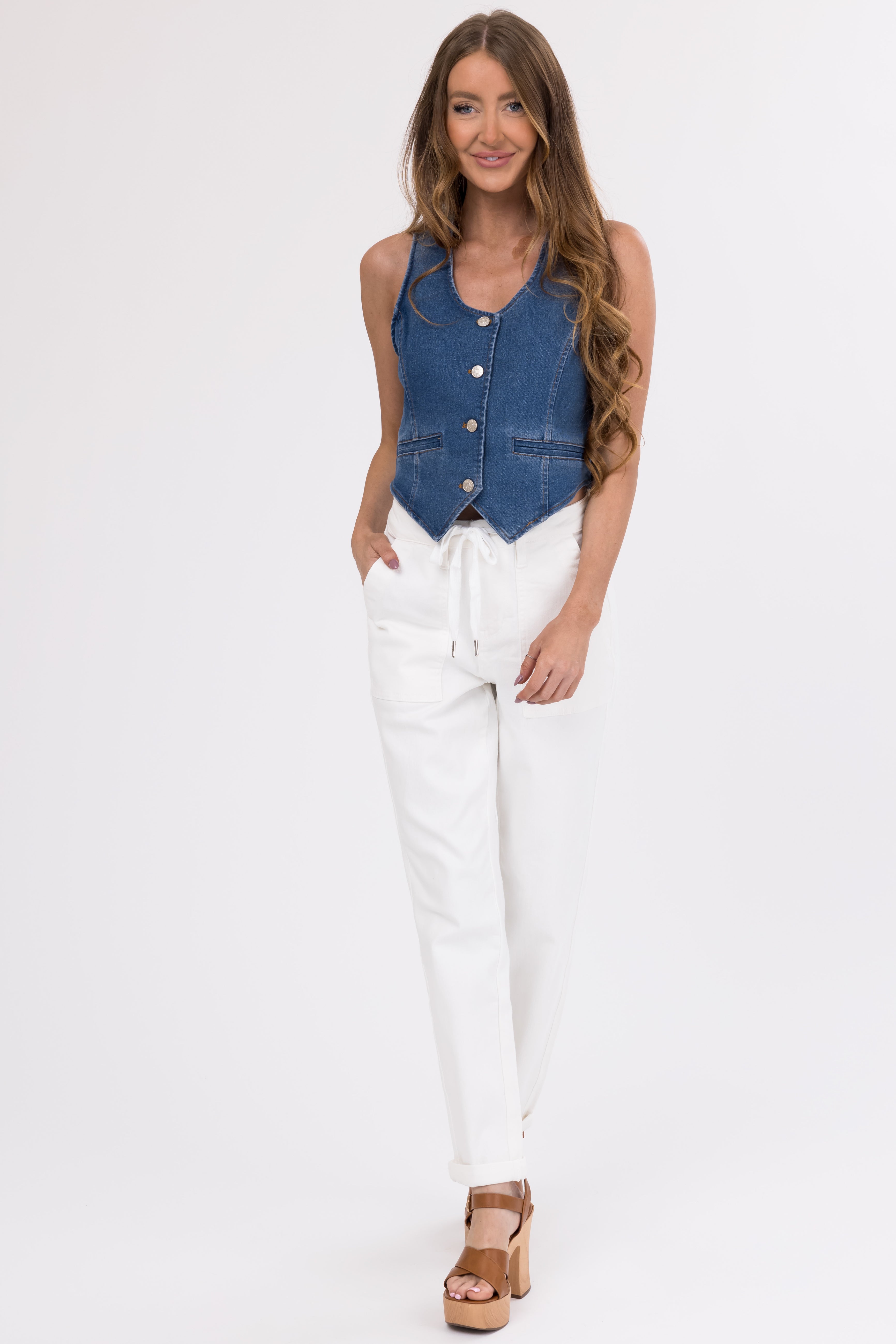 Judy Blue Ivory Drawstring High Waist Jeans-Newayad