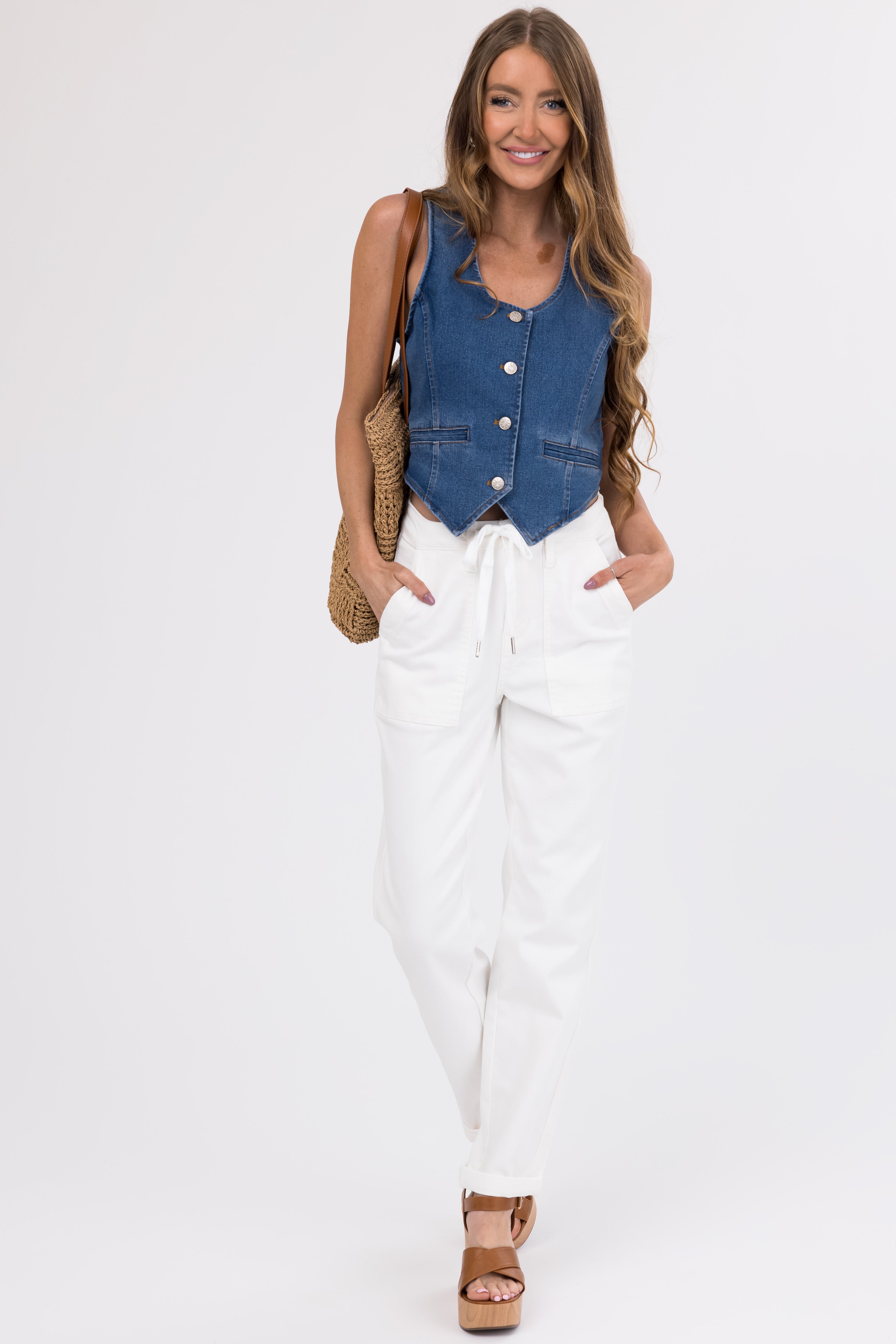 Judy Blue Ivory Drawstring High Waist Jeans-Newayad
