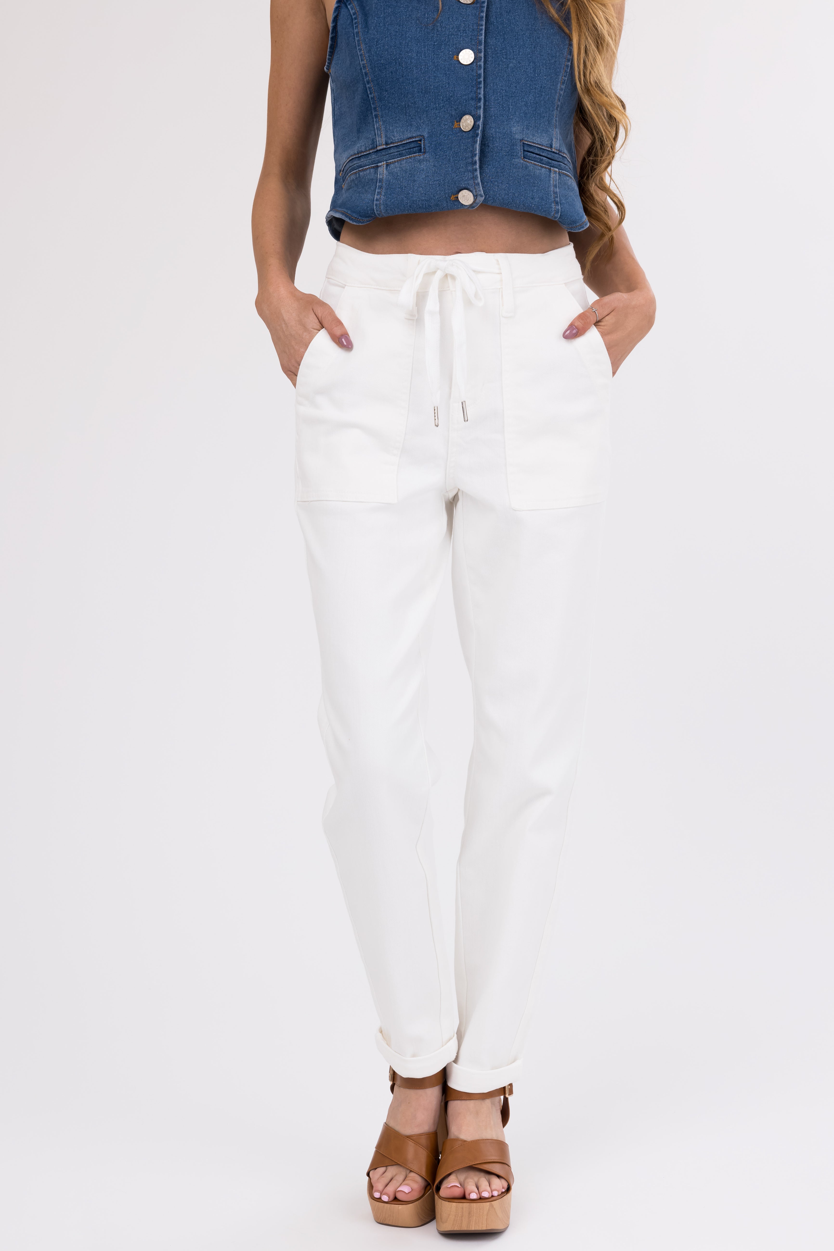 Judy Blue Ivory Drawstring High Waist Jeans-Newayad
