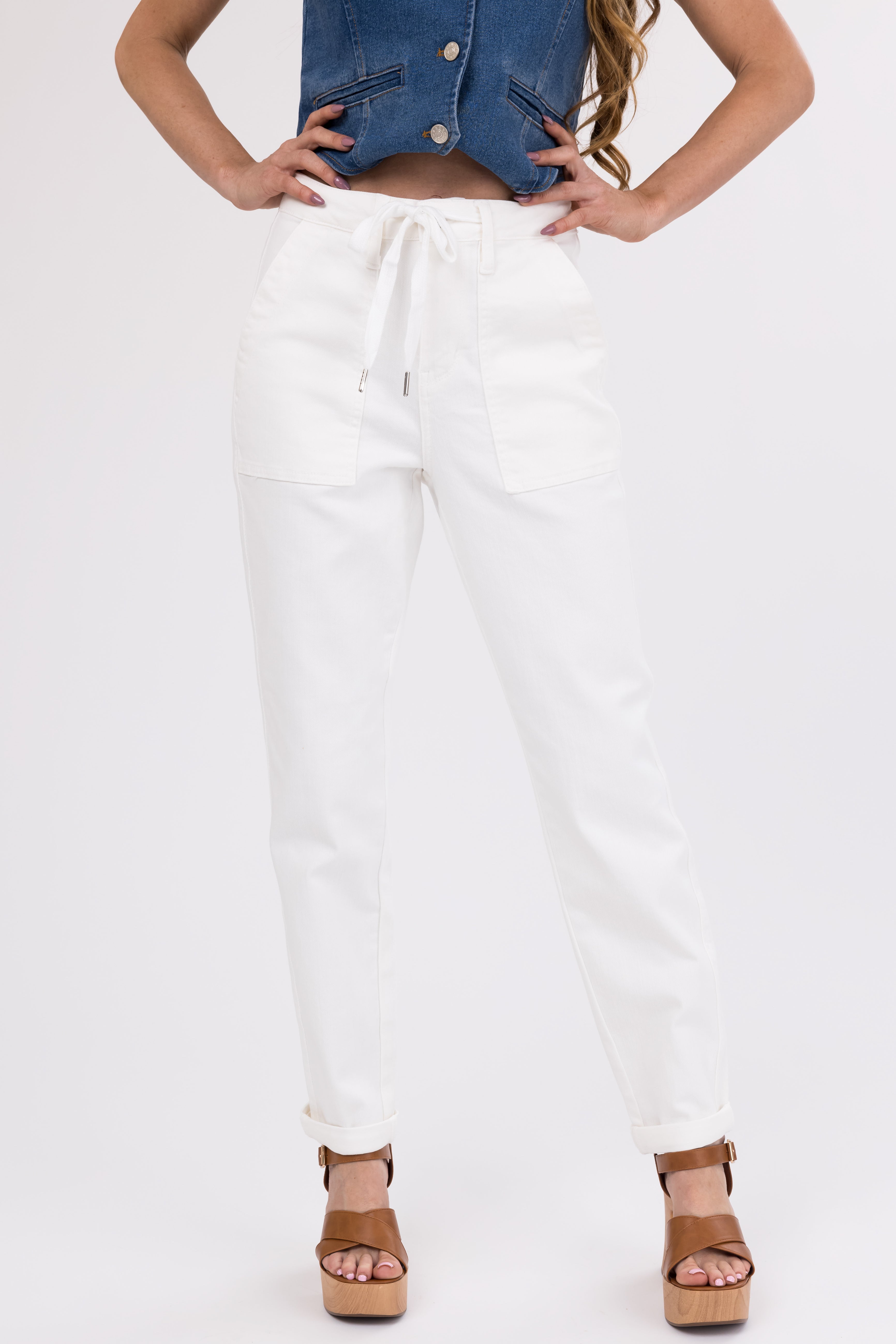 Judy Blue Ivory Drawstring High Waist Jeans-Newayad