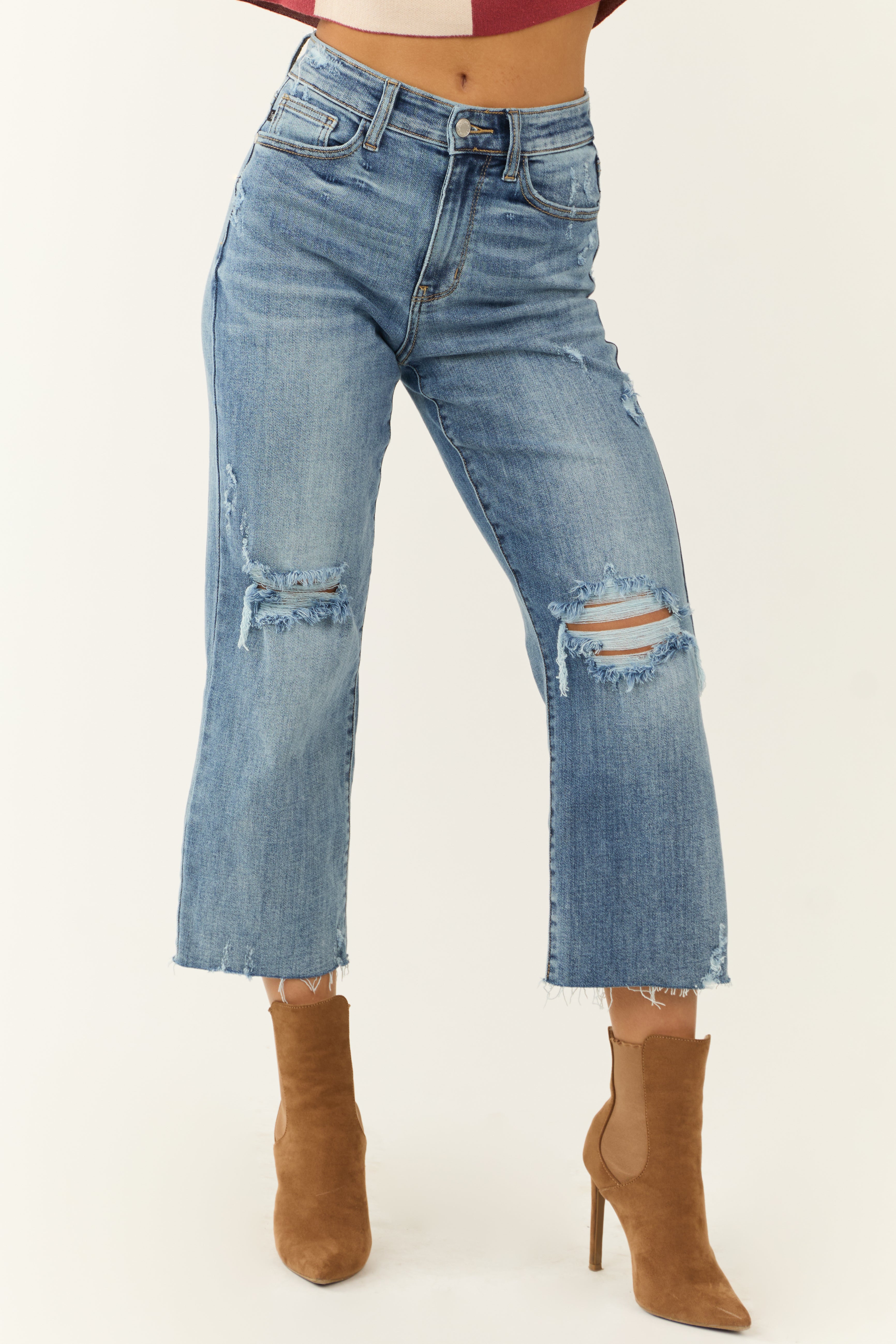 Judy Blue Light Wash Distressed Wide Crop Jeans-Newayad