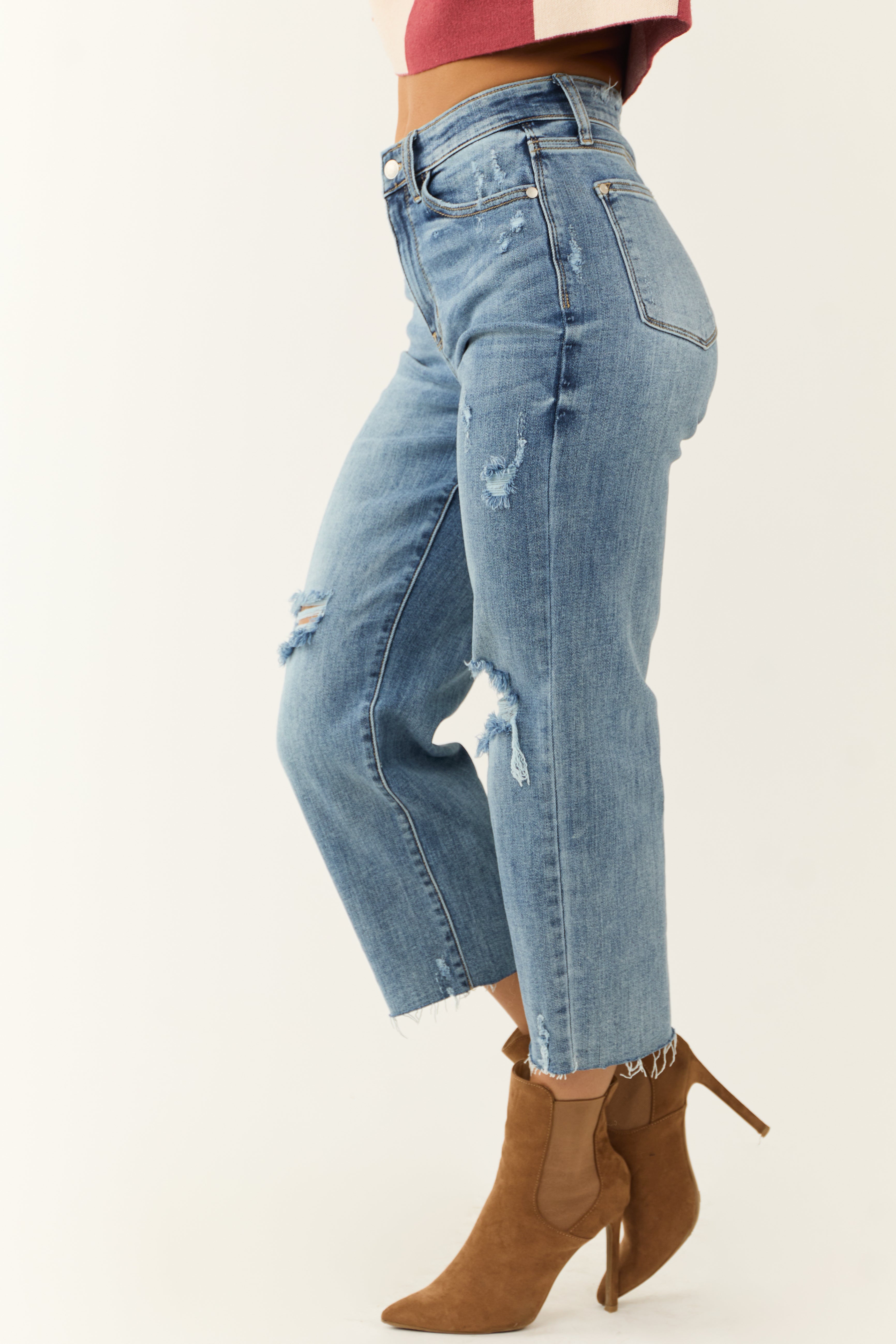 Judy Blue Light Wash Distressed Wide Crop Jeans-Newayad