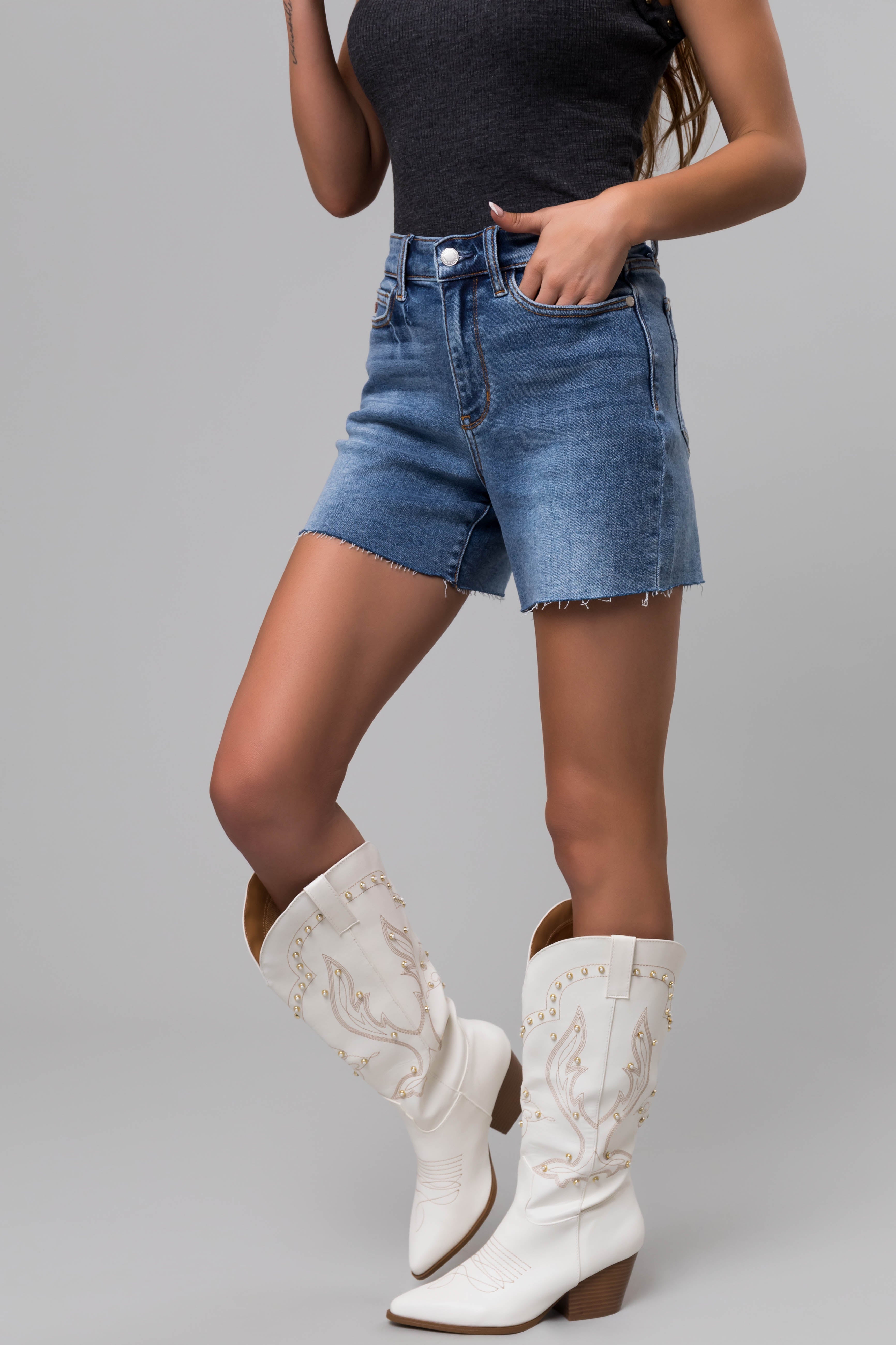 Judy Blue Medium Wash Raw Hem Jean Shorts-Newayad