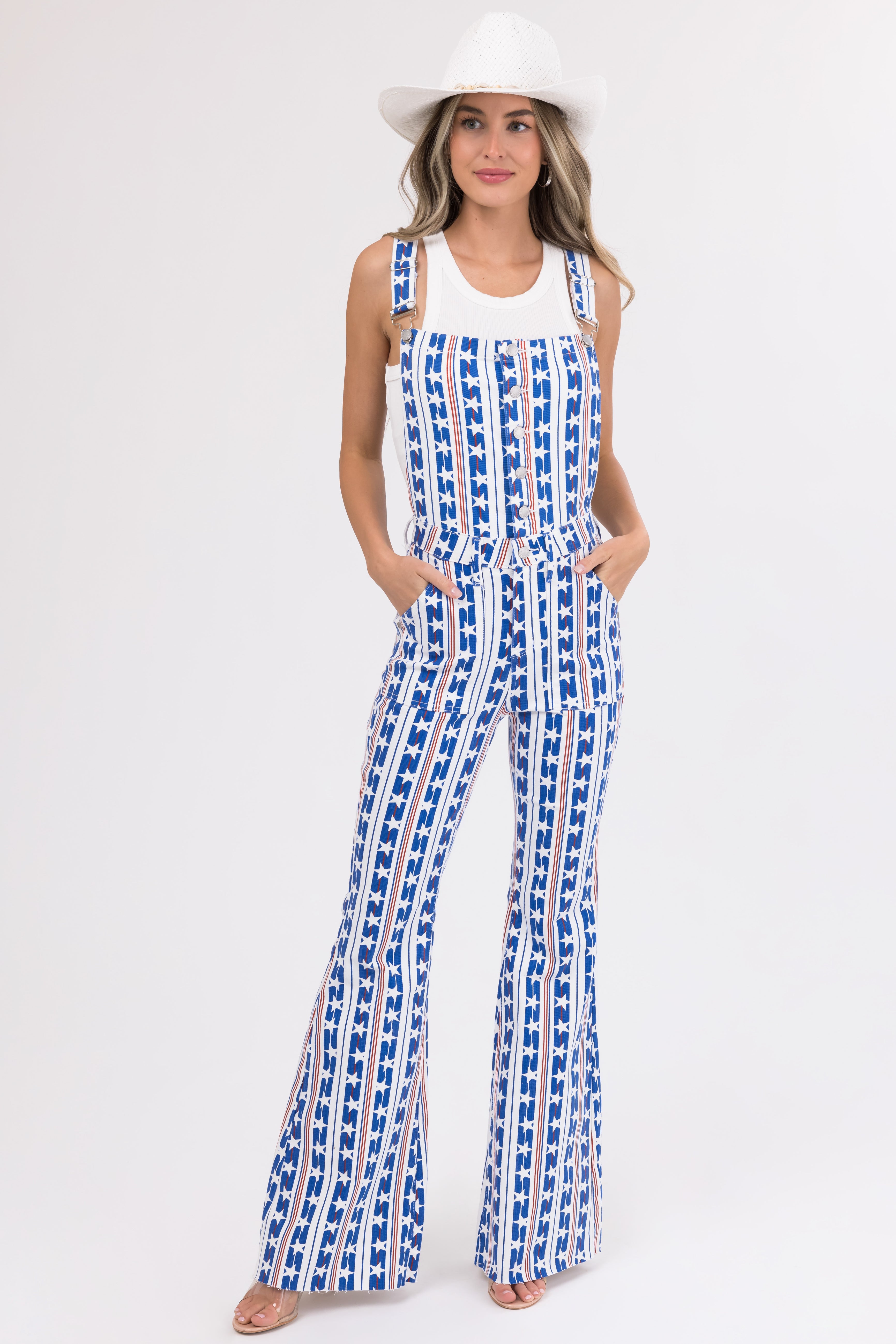 Judy Blue Off White American Print Overalls-Newayad