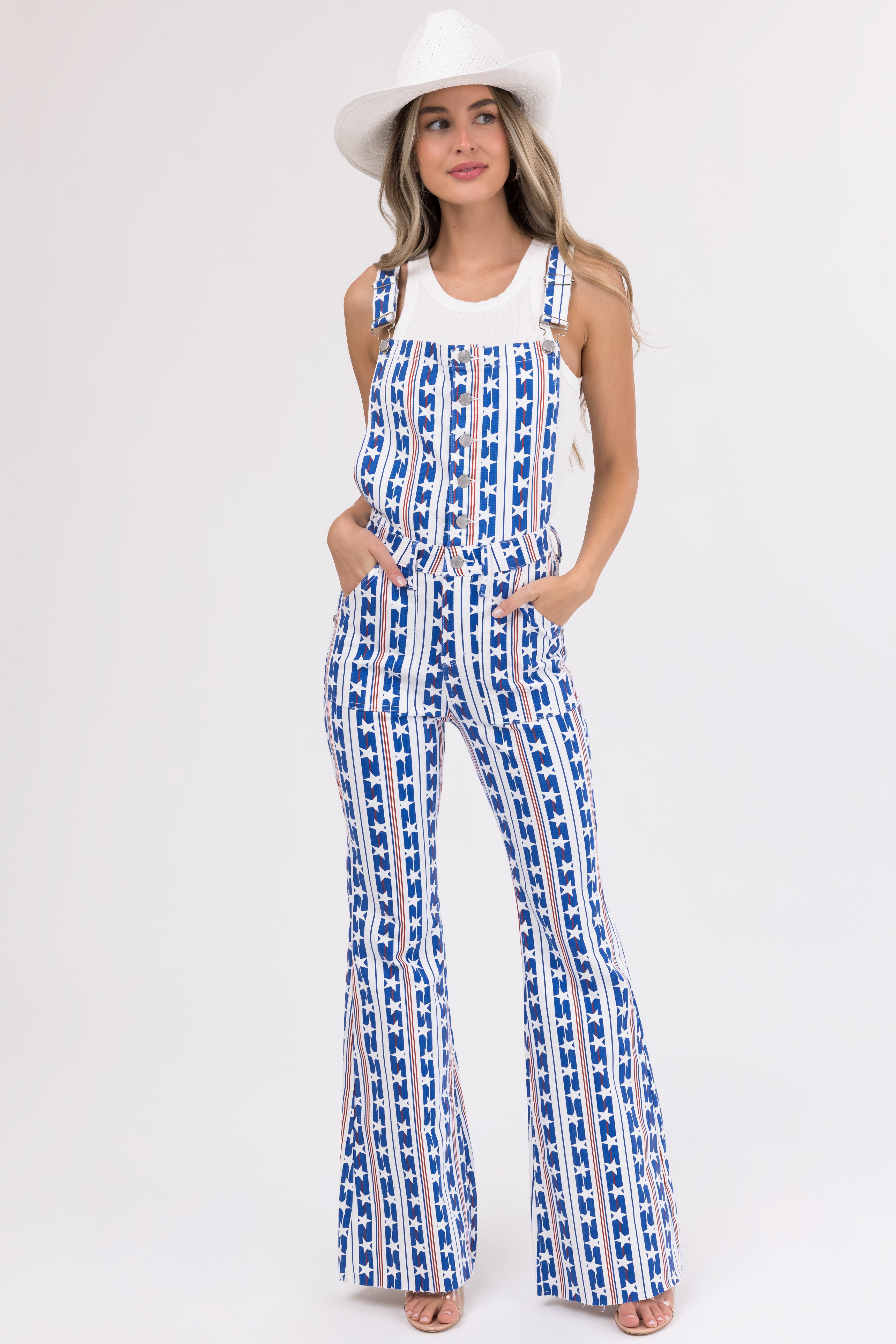 Judy Blue Off White American Print Overalls-Newayad