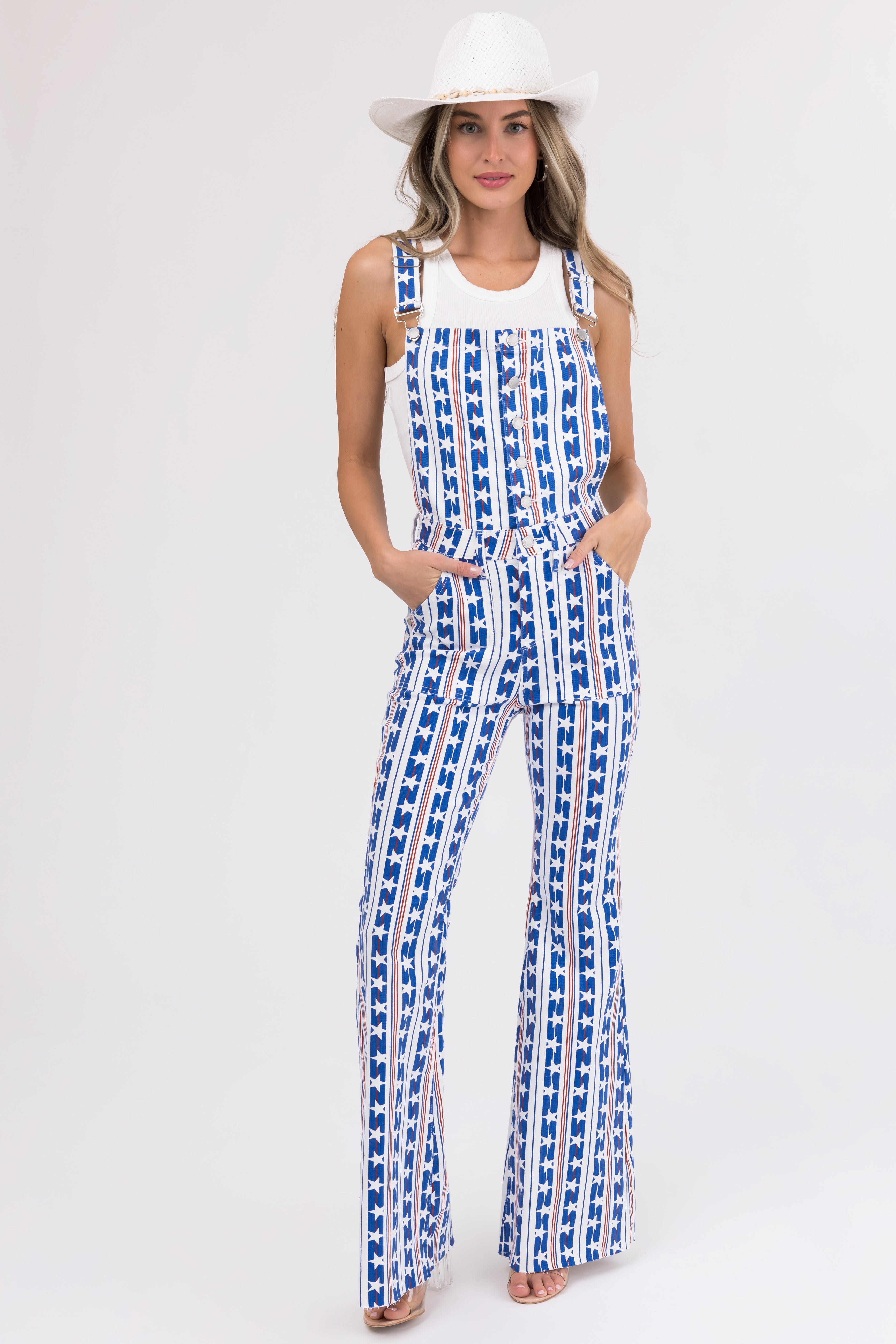 Judy Blue Off White American Print Overalls-Newayad