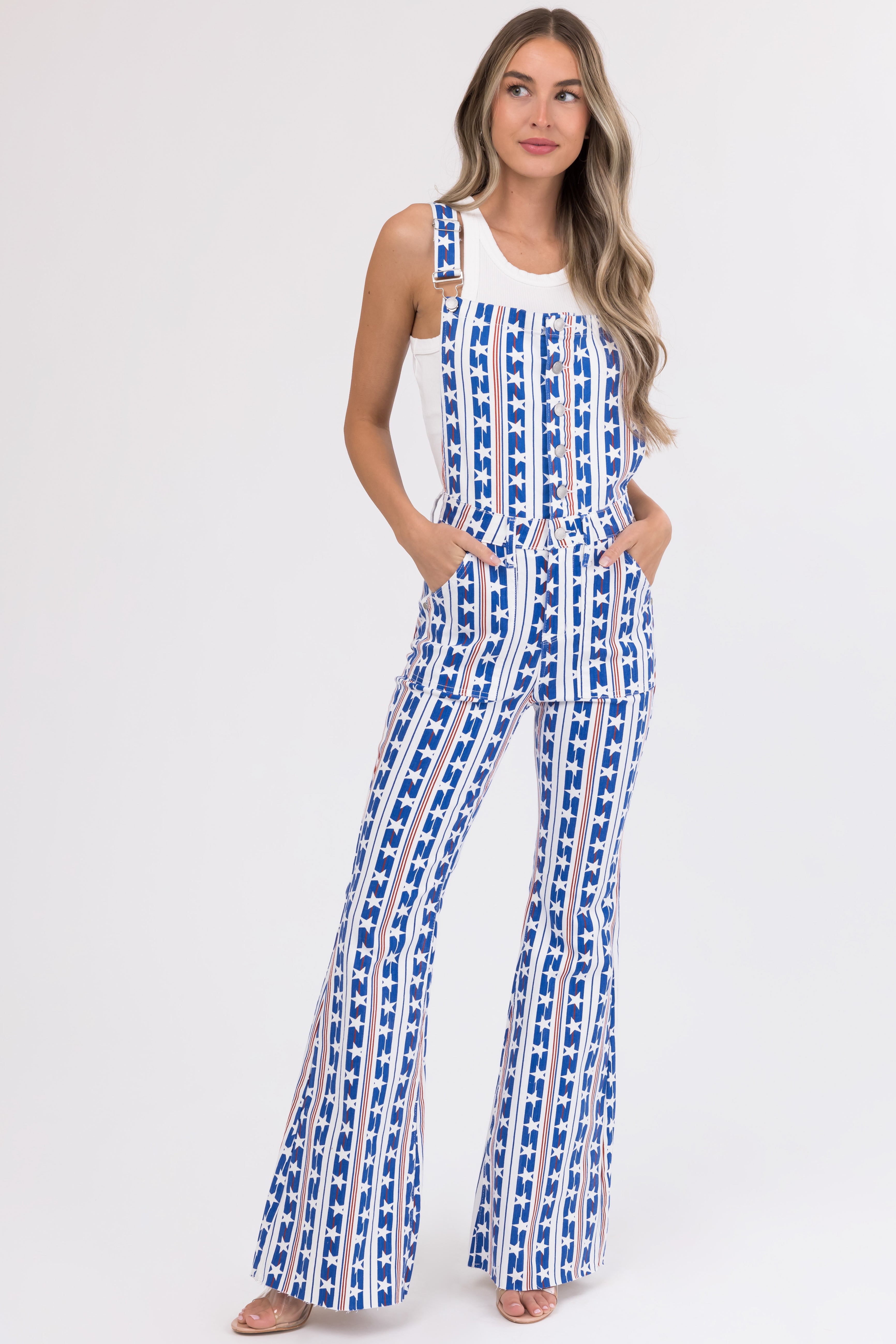 Judy Blue Off White American Print Overalls-Newayad