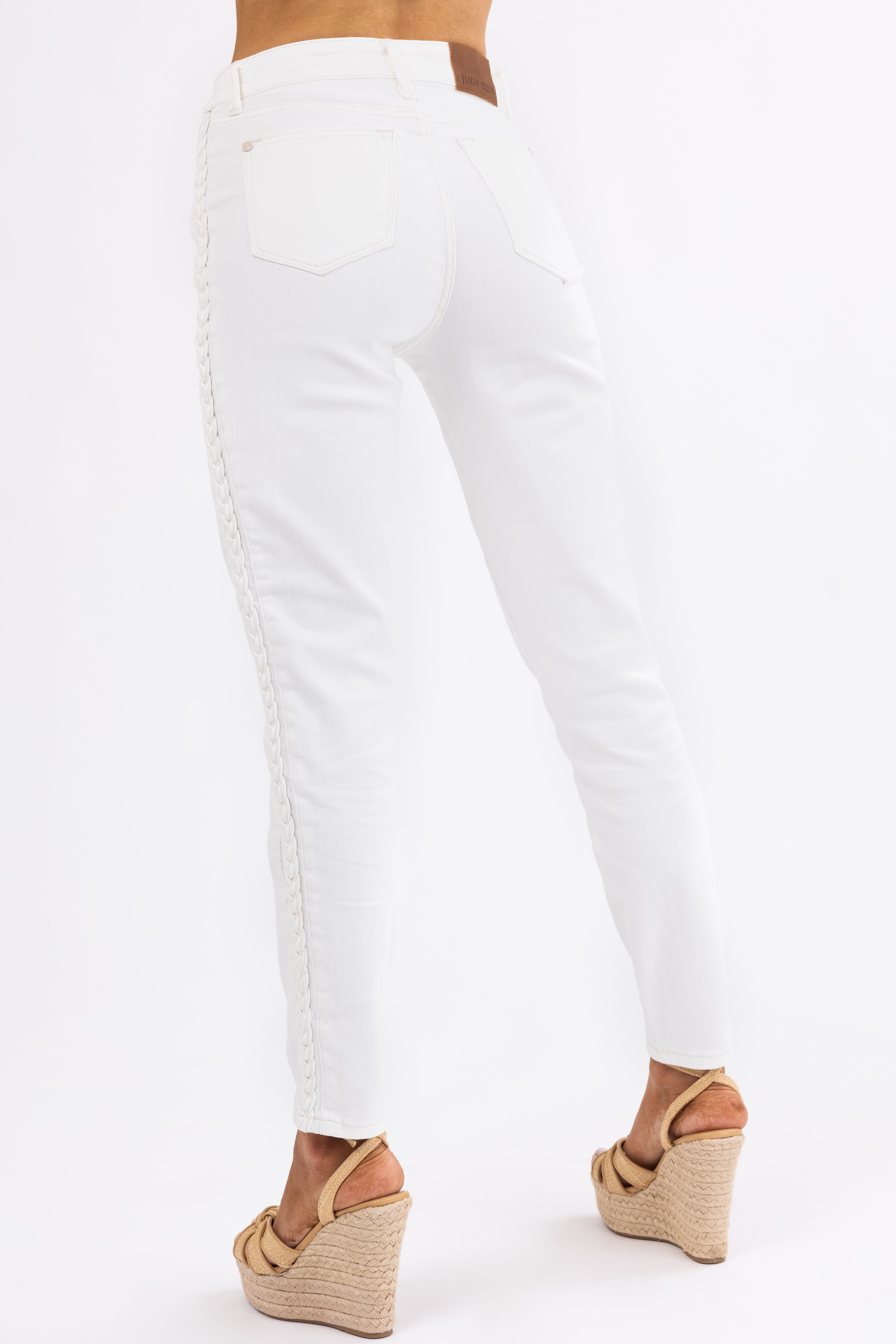Judy Blue Off White Braided Relaxed Skinny Jeans-Newayad