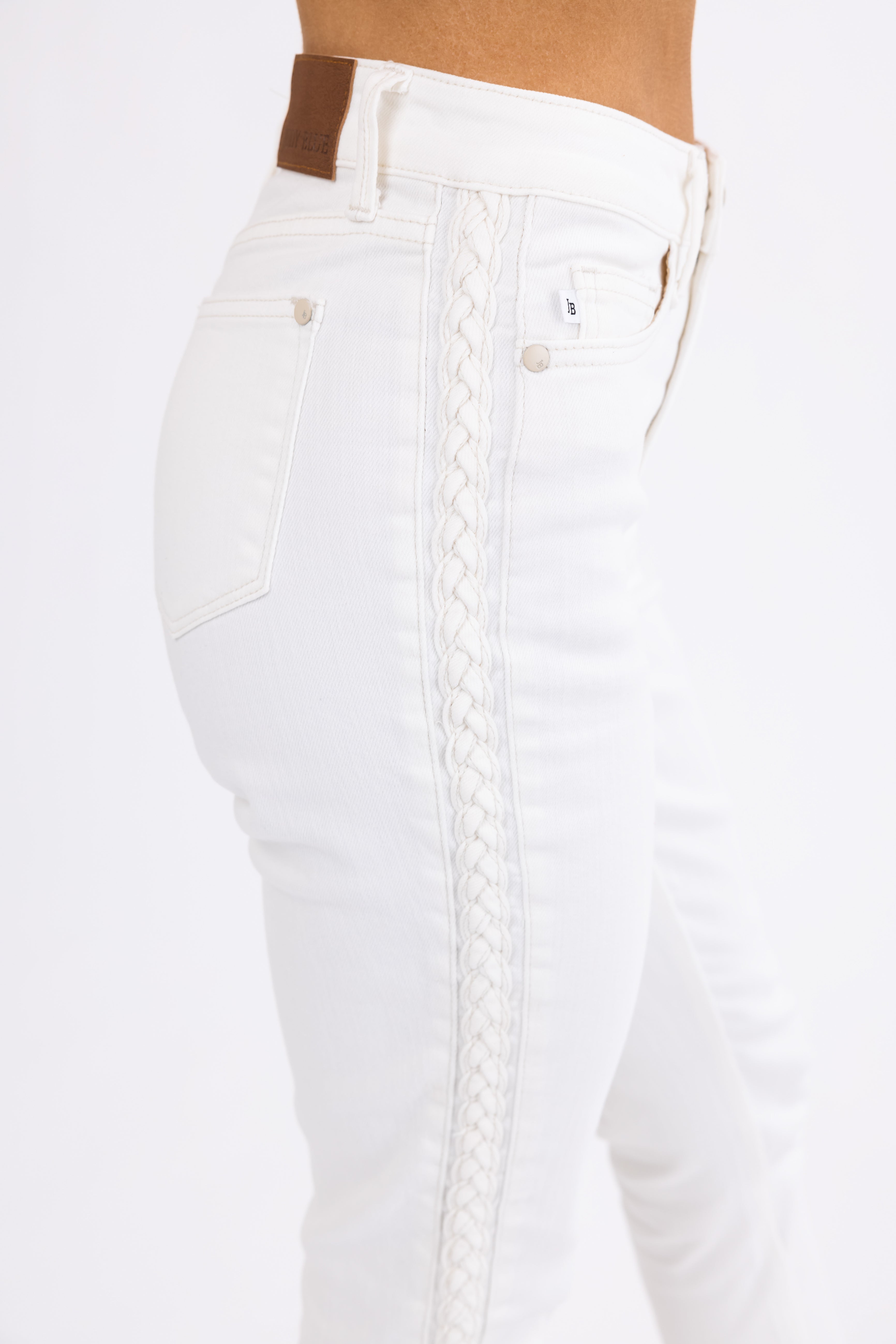 Judy Blue Off White Braided Relaxed Skinny Jeans-Newayad