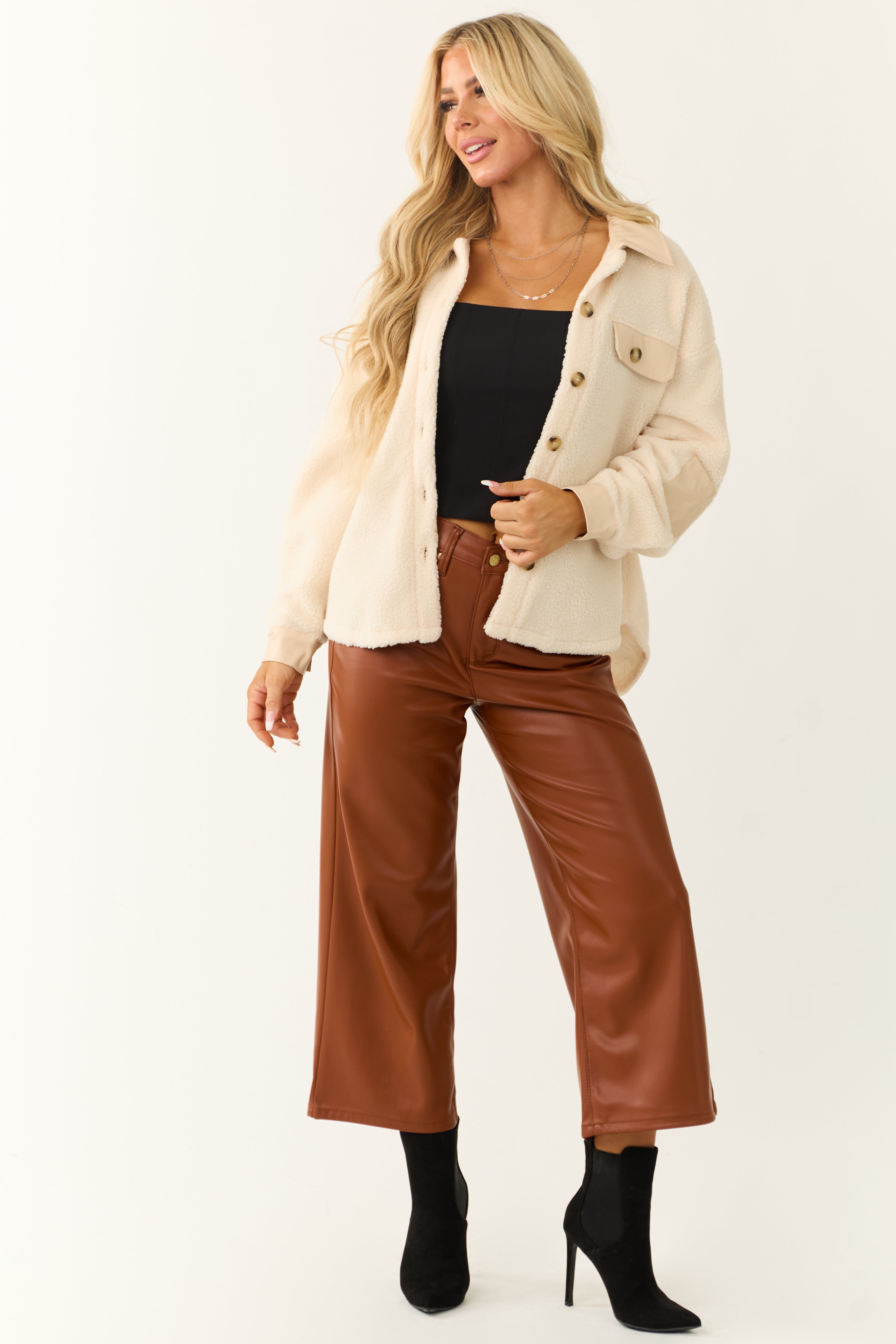 Cream Sherpa Shacket with Faux Leather Detail-Newayad