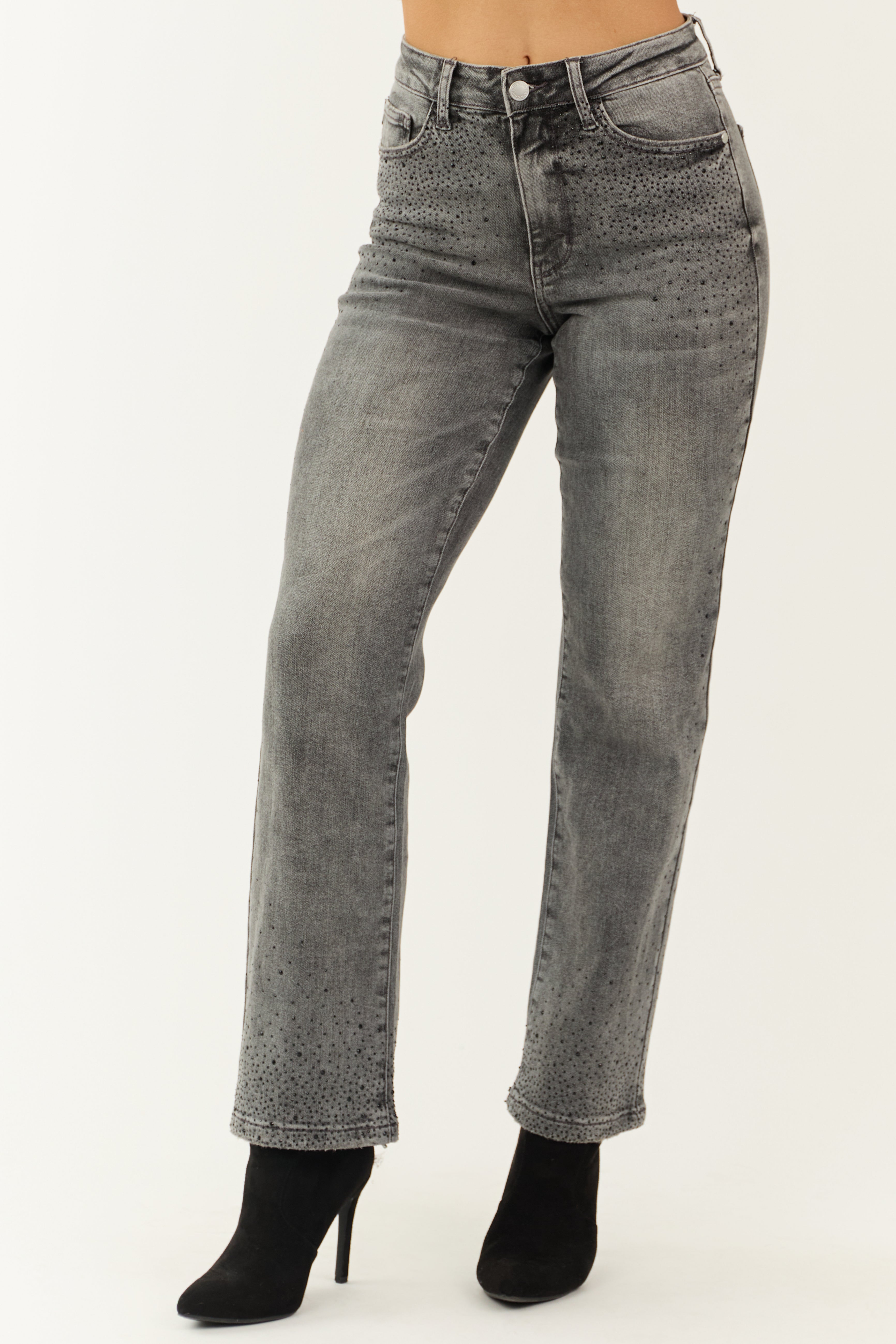 Judy Blue Stone Rhinestone Detail Straight Jeans-Newayad