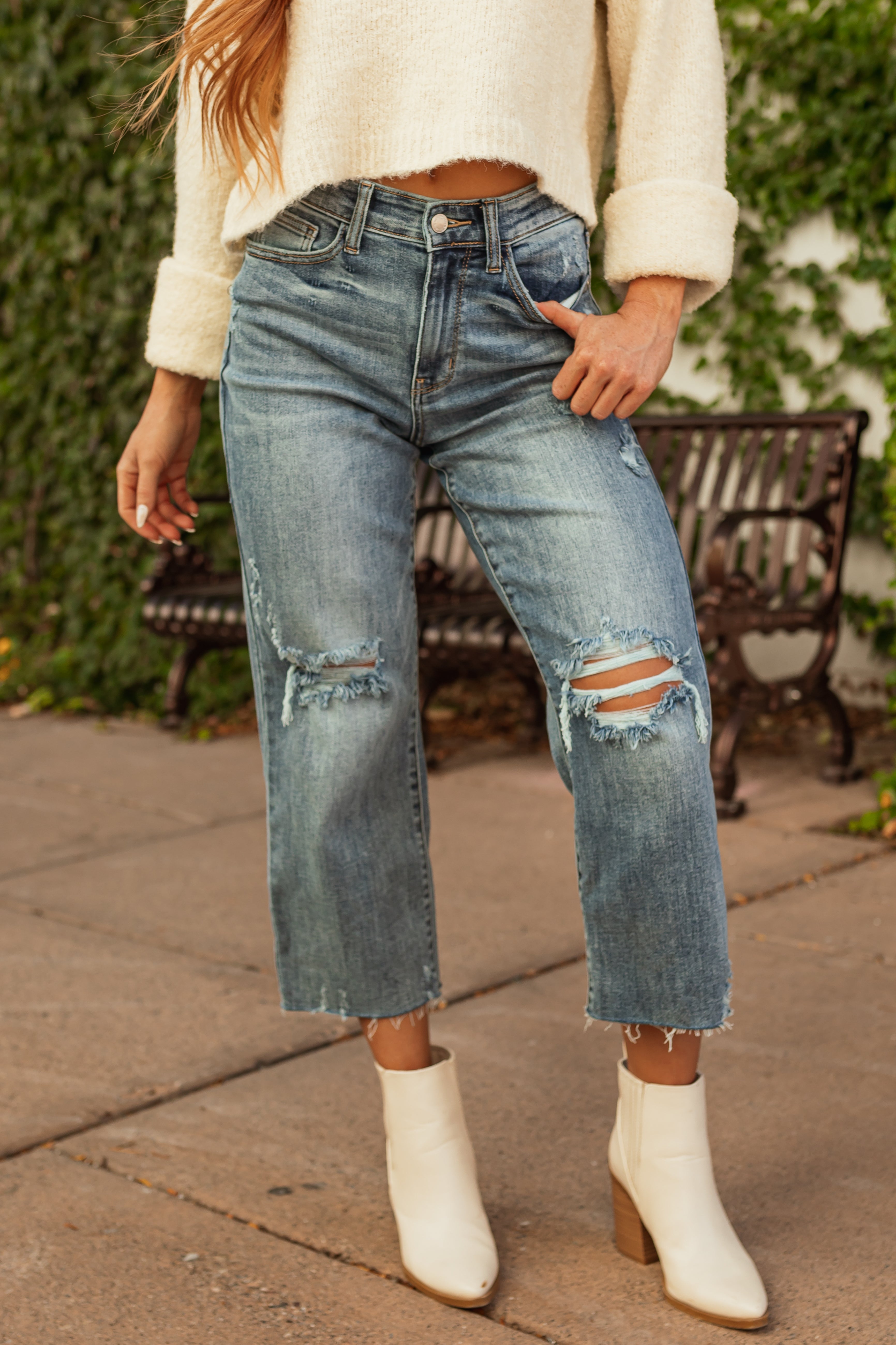 Judy Blue Light Wash Distressed Wide Crop Jeans-Newayad