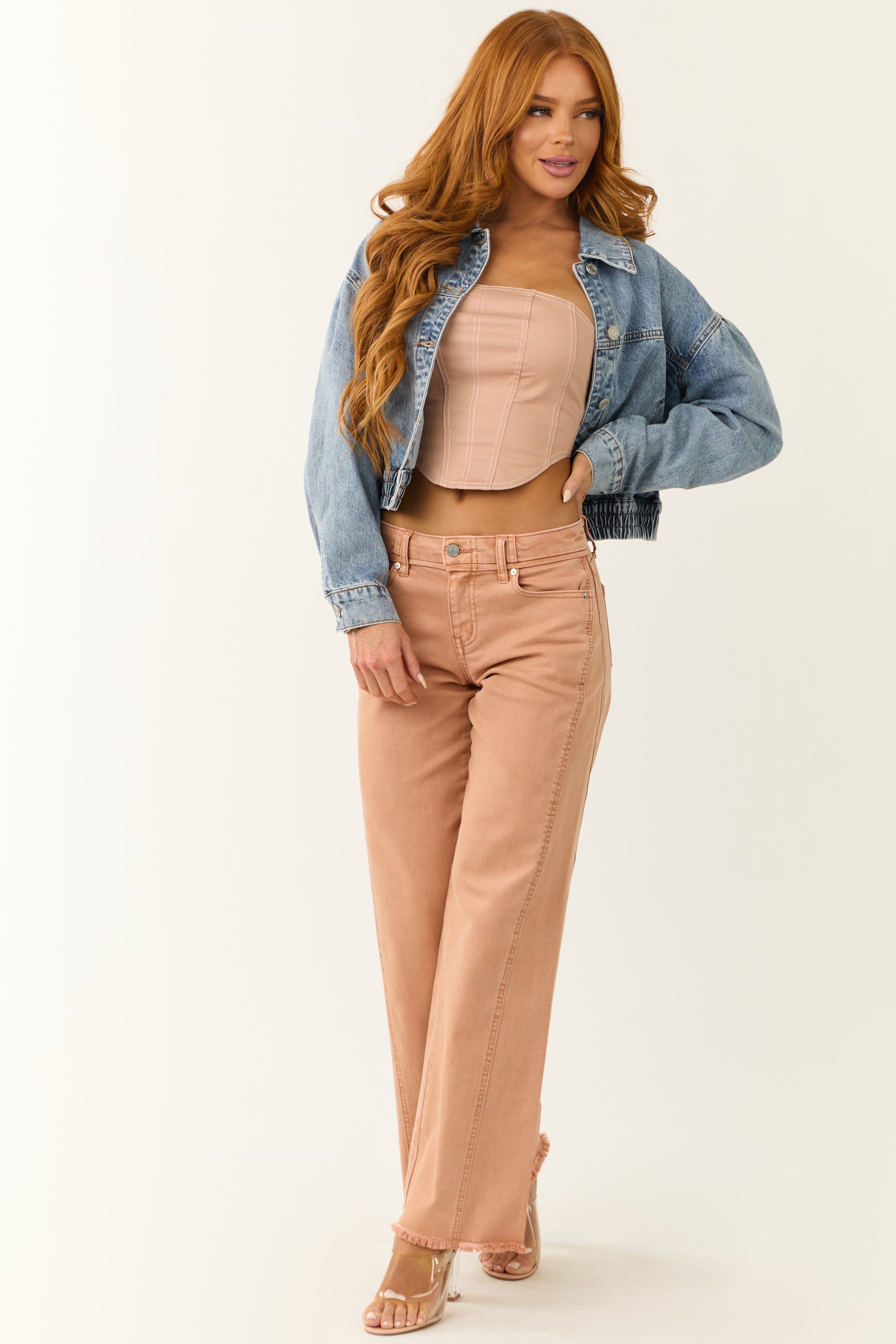 KanCan Apricot Wide Leg Frayed Hem Jeans-Newayad