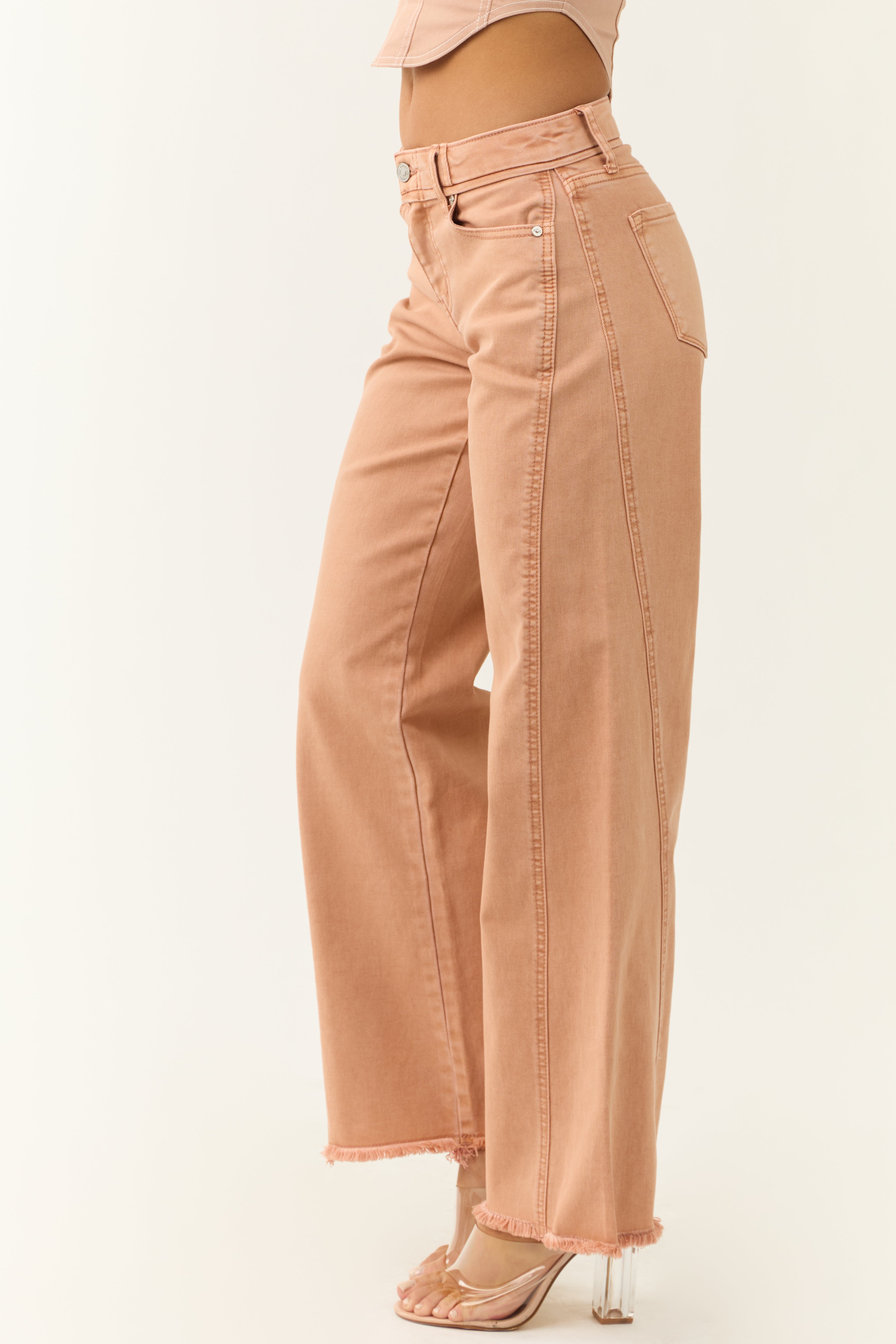 KanCan Apricot Wide Leg Frayed Hem Jeans-Newayad