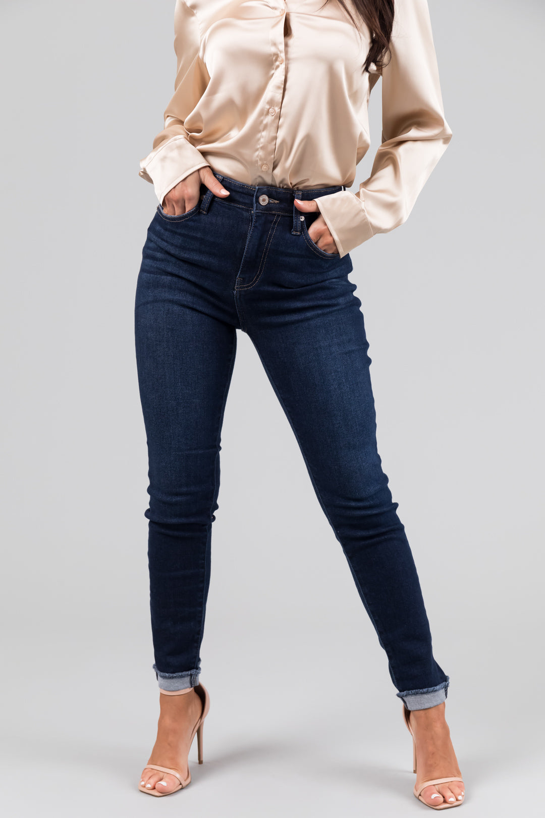 KanCan Dark Wash High Rise Folded Hem Jeans-Newayad