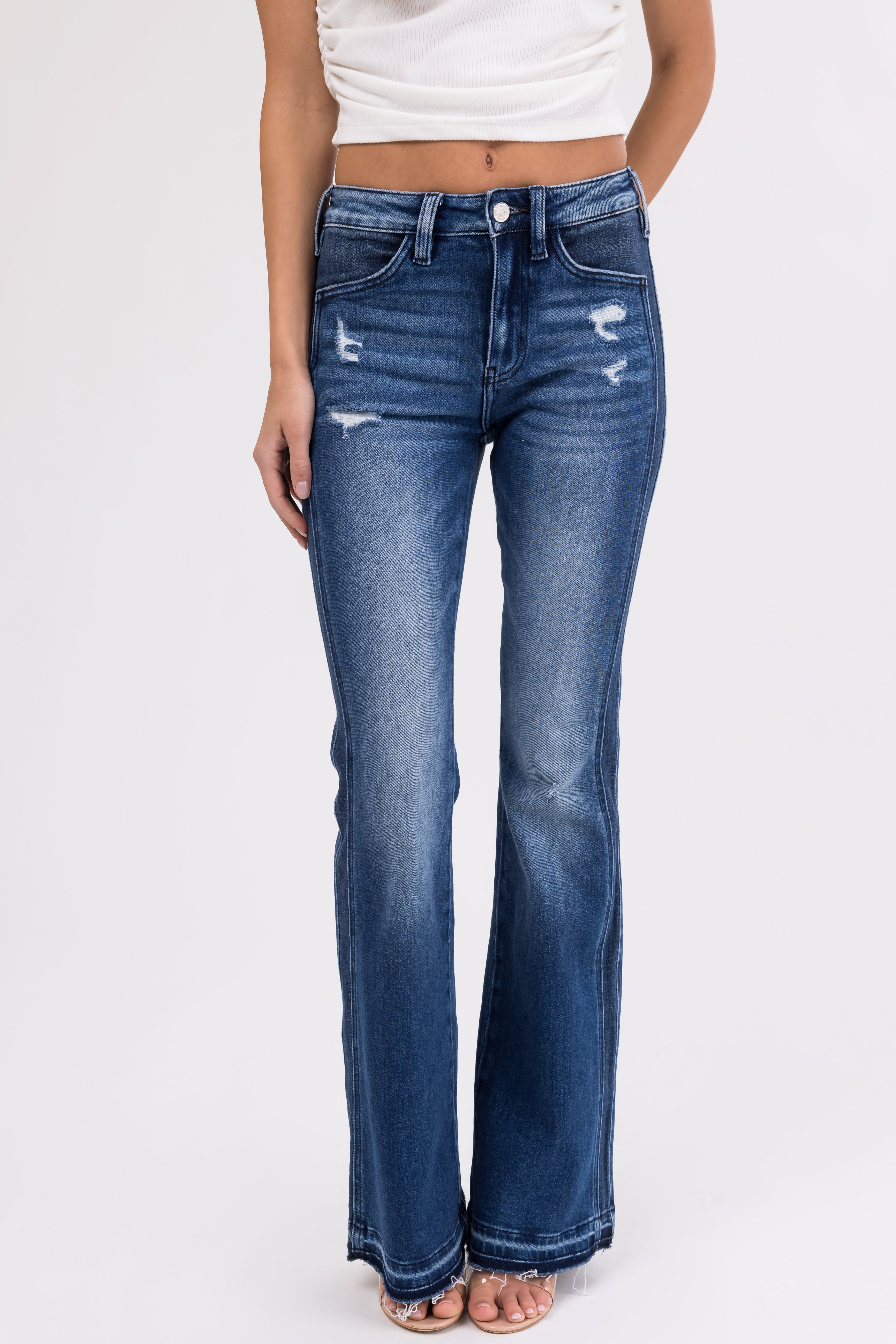 KanCan Dark Washed Double Seam Flare Jeans-Newayad
