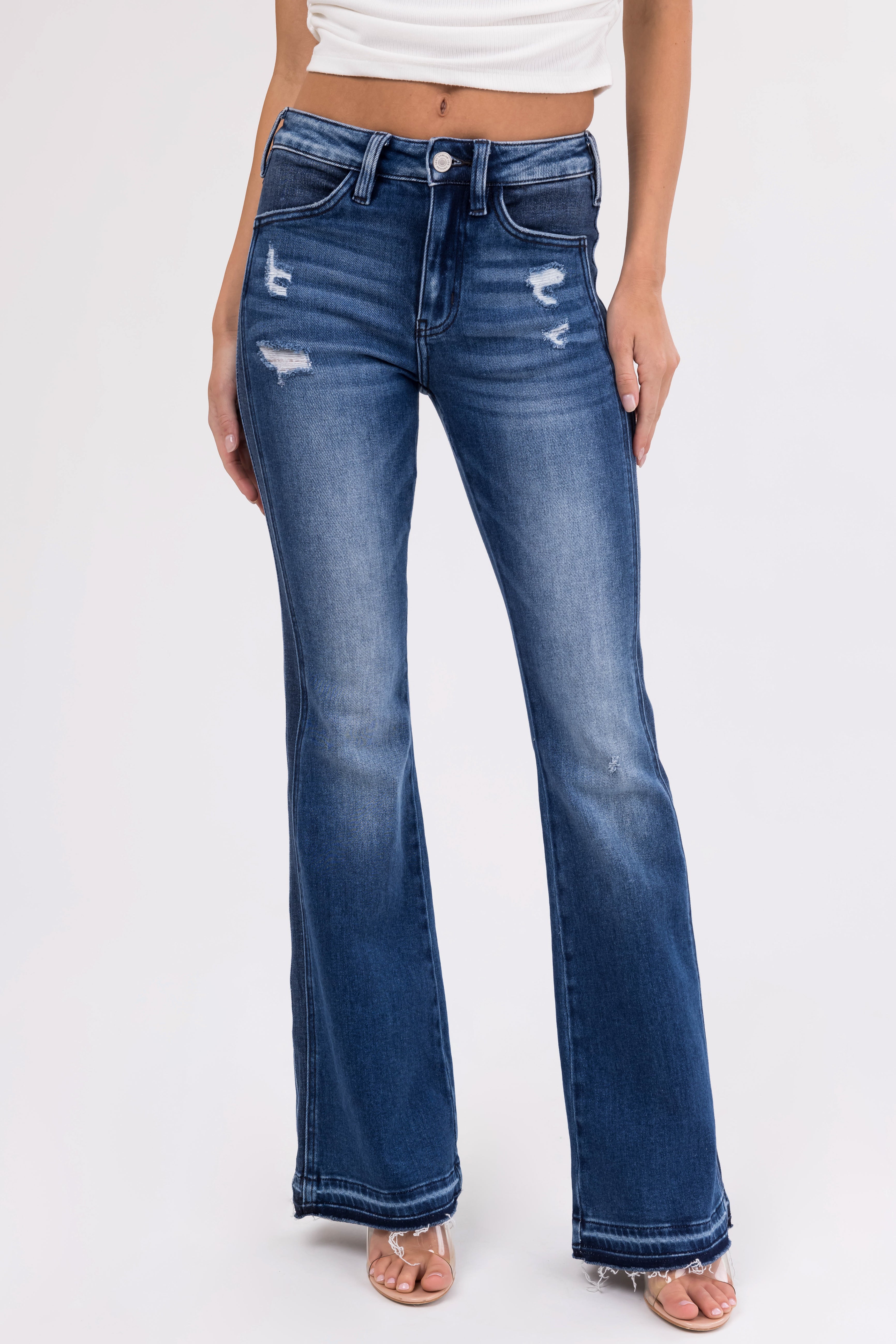 KanCan Dark Washed Double Seam Flare Jeans-Newayad