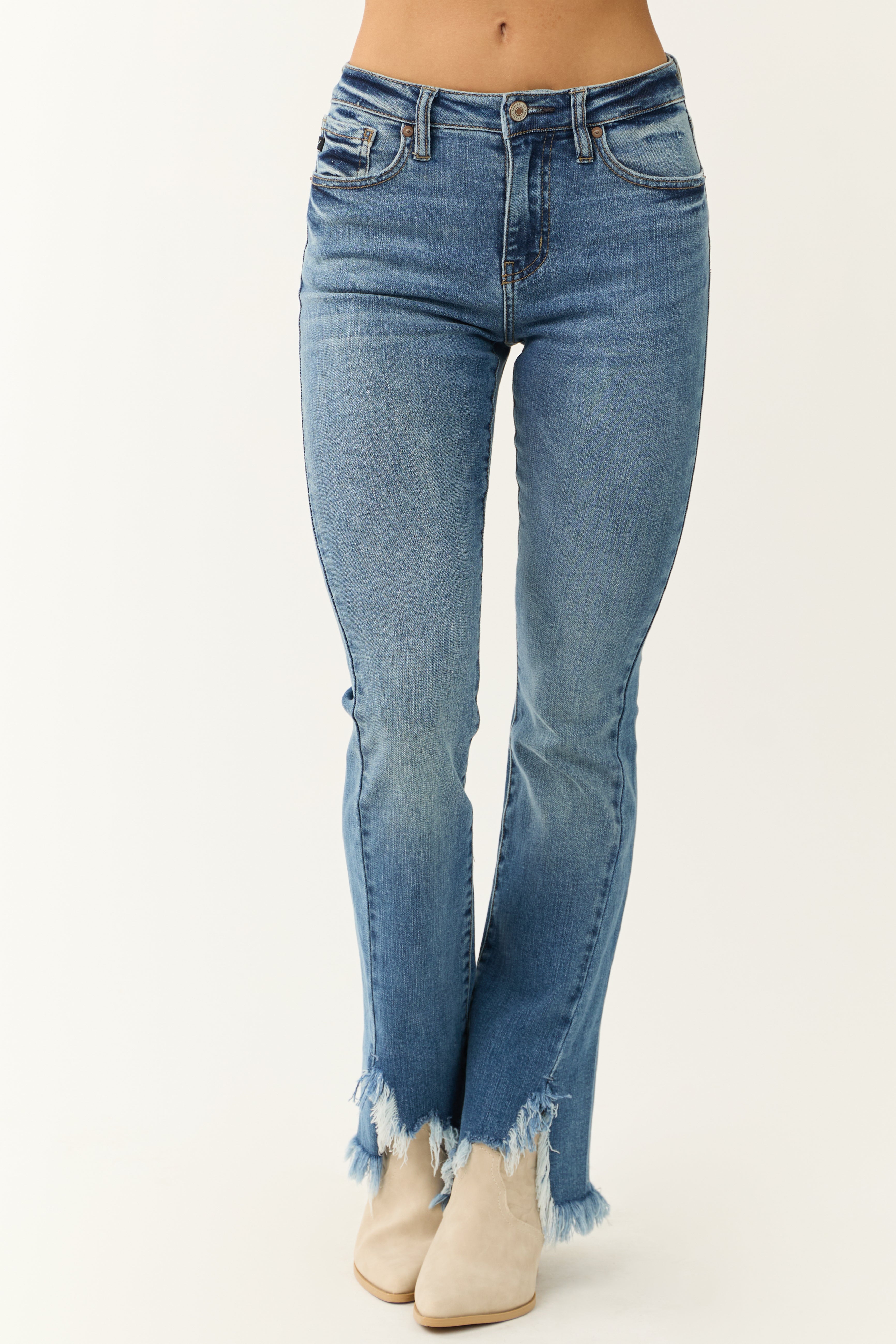 KanCan Medium Frayed Shark Bite Bootcut Jeans-Newayad