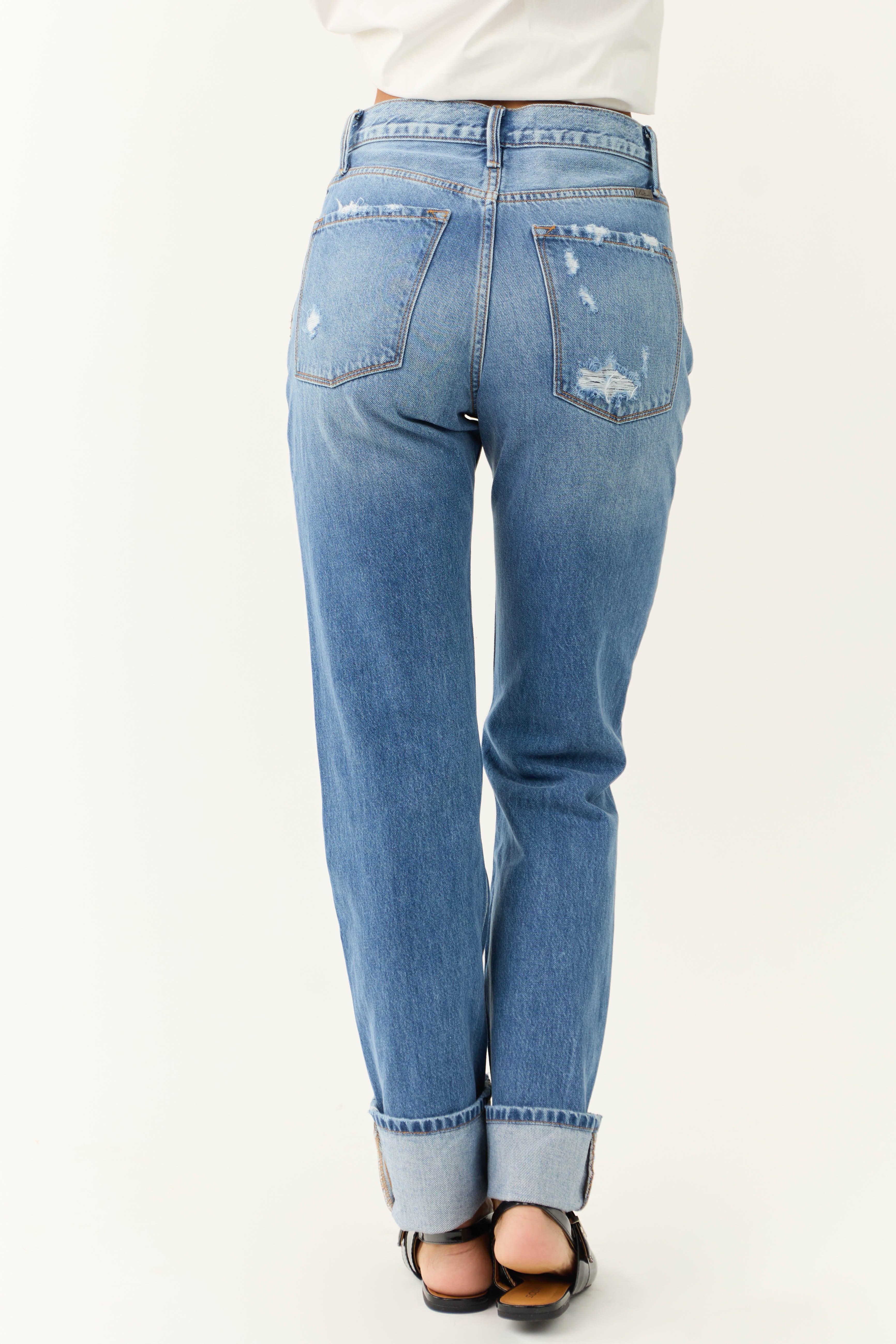 KanCan Medium Wash Distressed High Rise Straight Jeans-Newayad