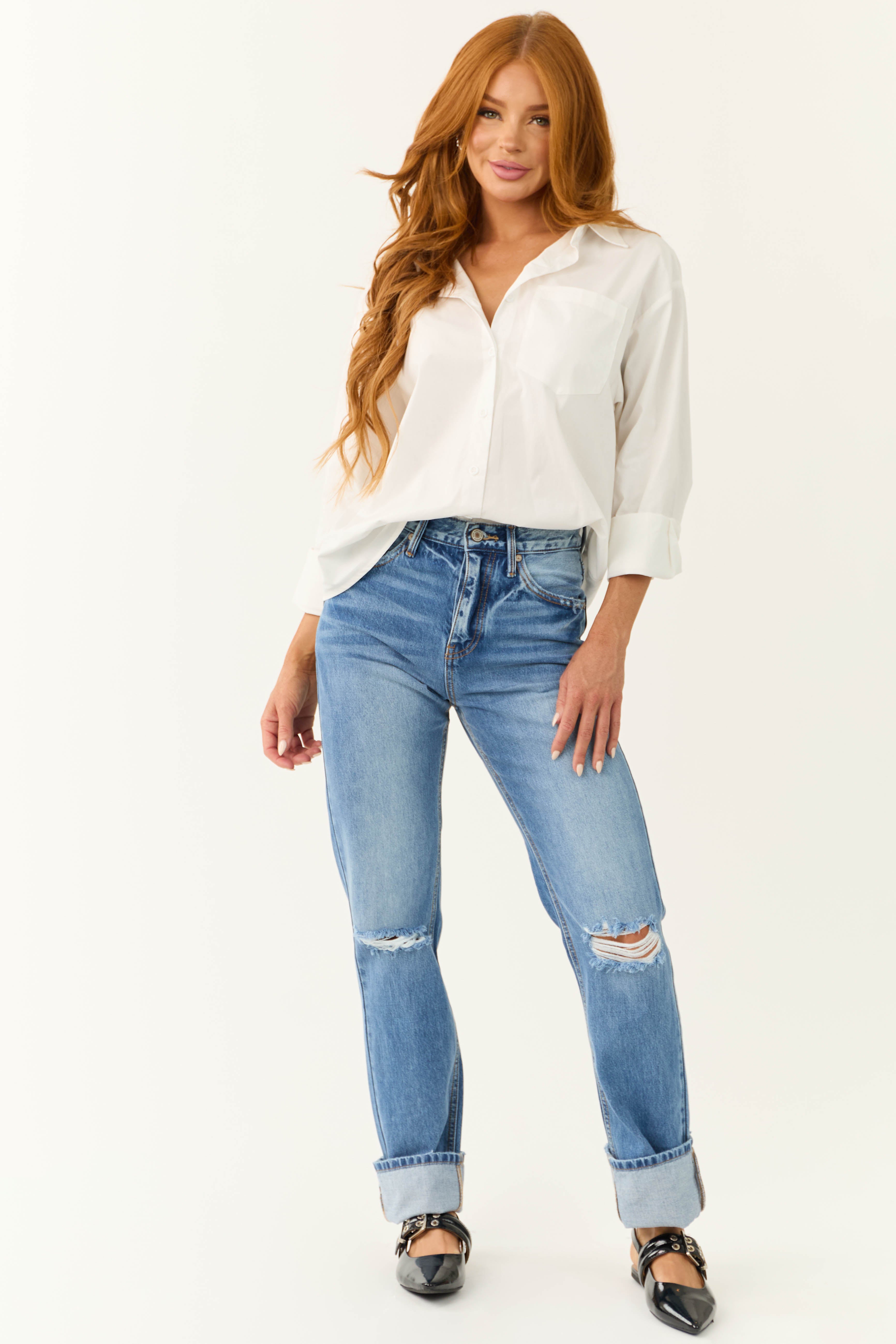 KanCan Medium Wash Distressed High Rise Straight Jeans-Newayad