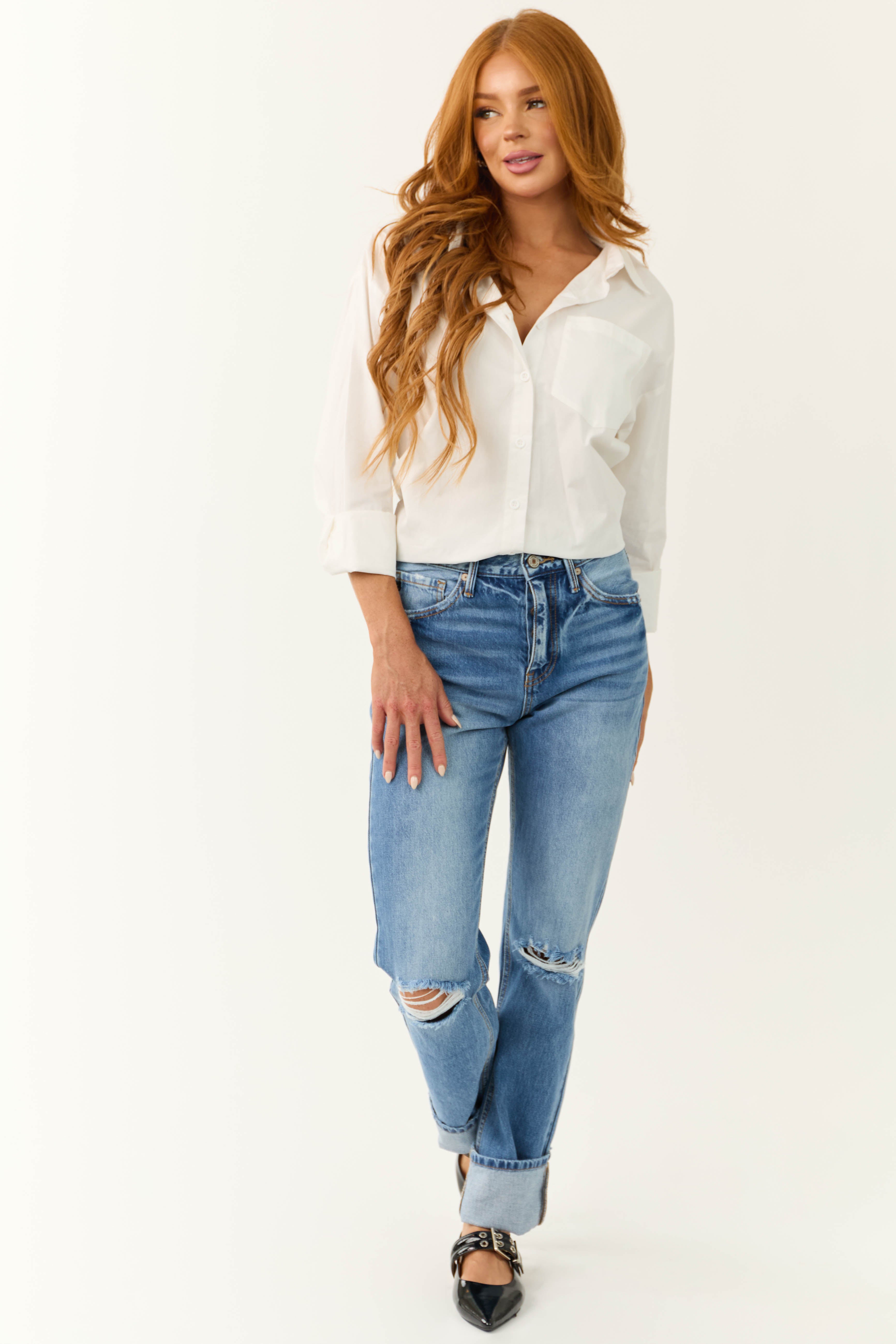 KanCan Medium Wash Distressed High Rise Straight Jeans-Newayad