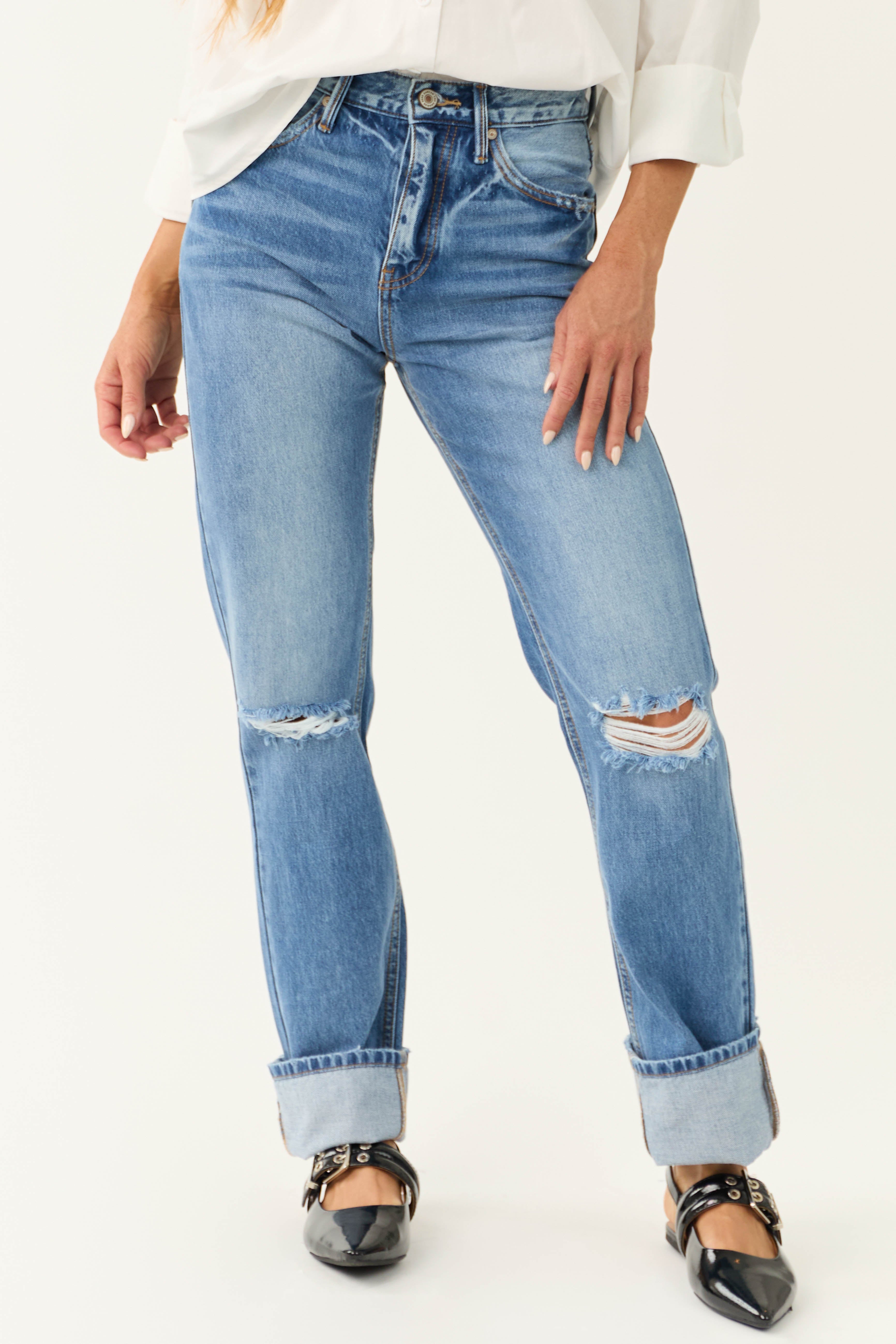 KanCan Medium Wash Distressed High Rise Straight Jeans-Newayad