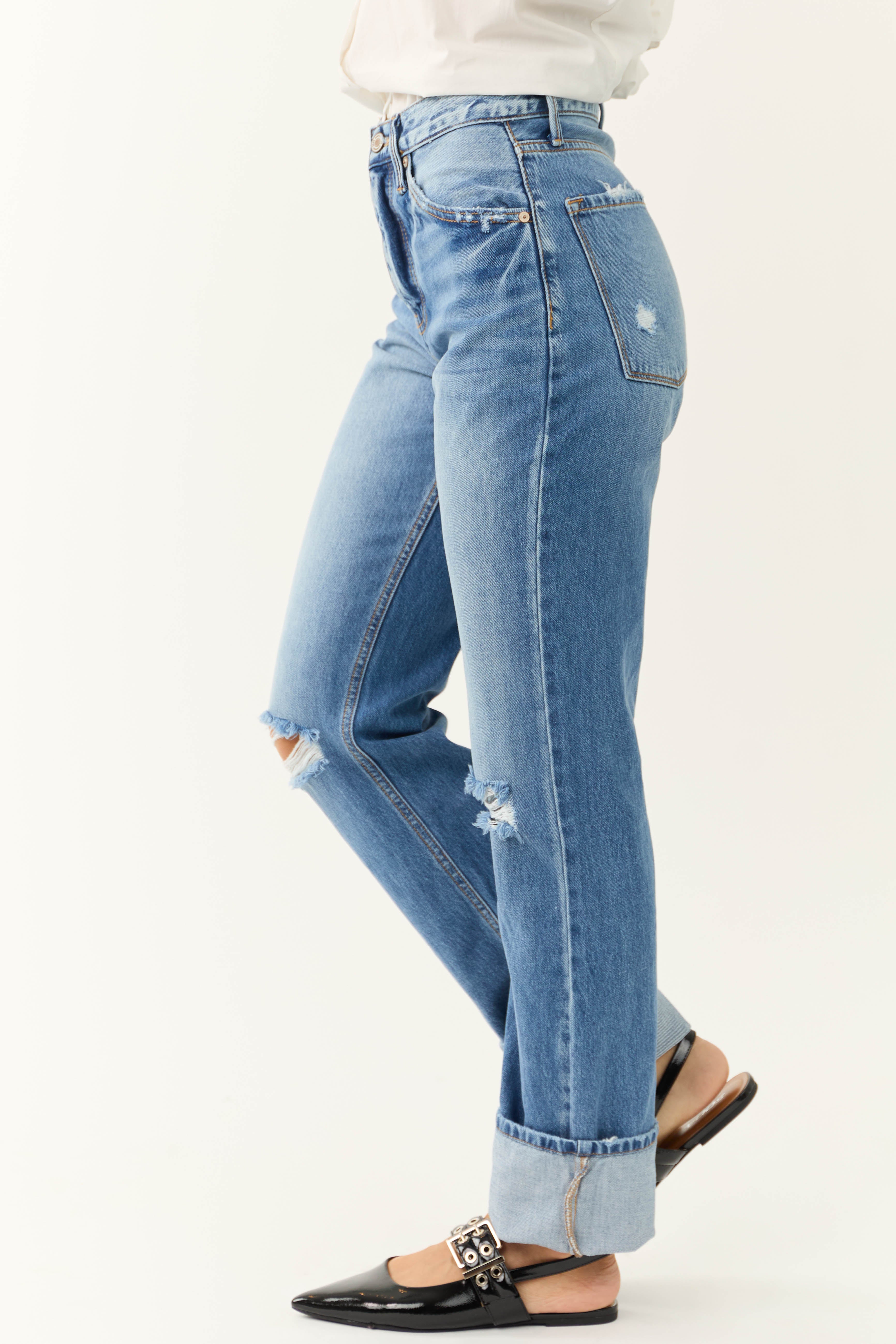 KanCan Medium Wash Distressed High Rise Straight Jeans-Newayad