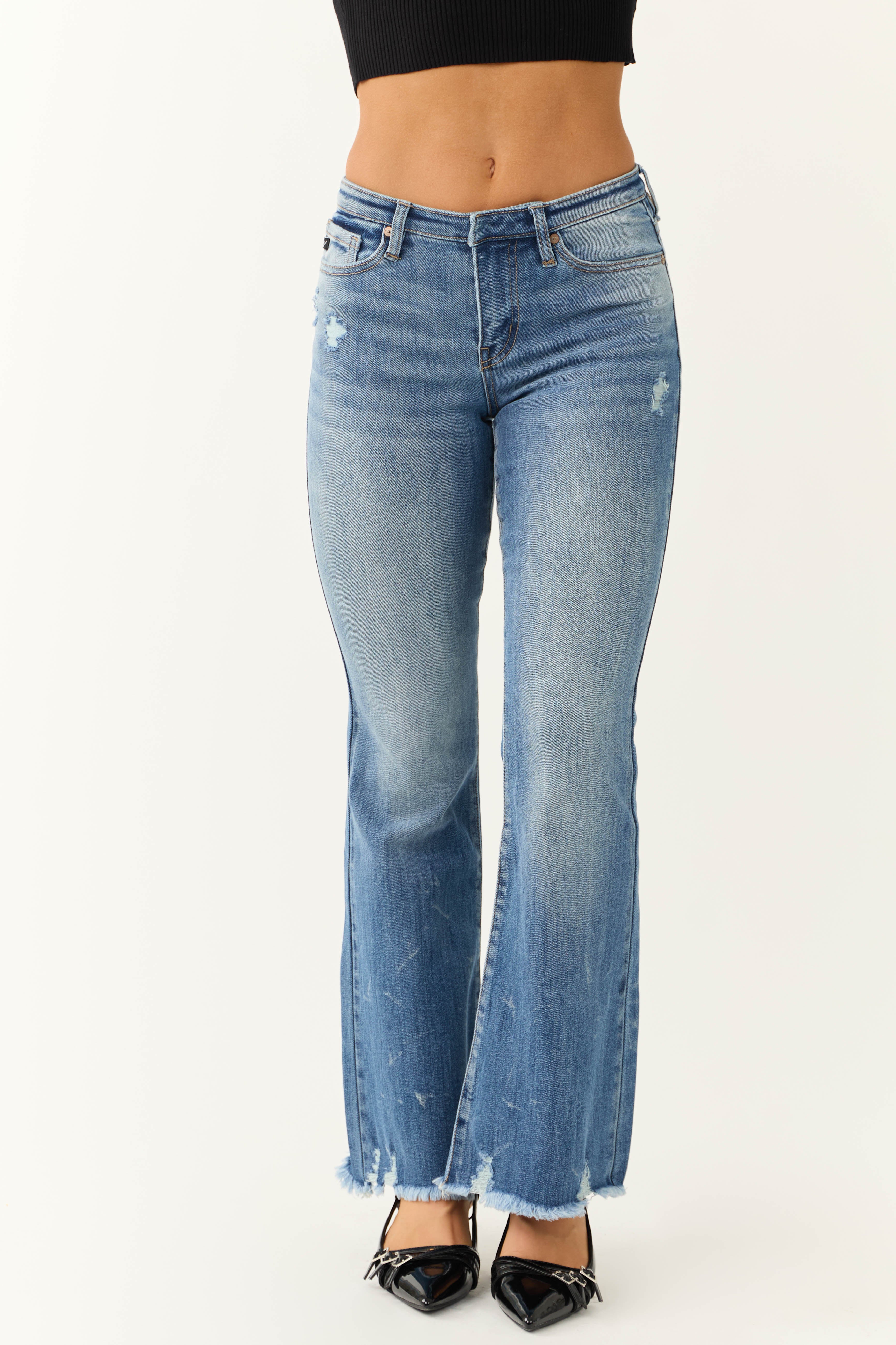KanCan Medium Wash Flare Leg Distressed Jeans-Newayad