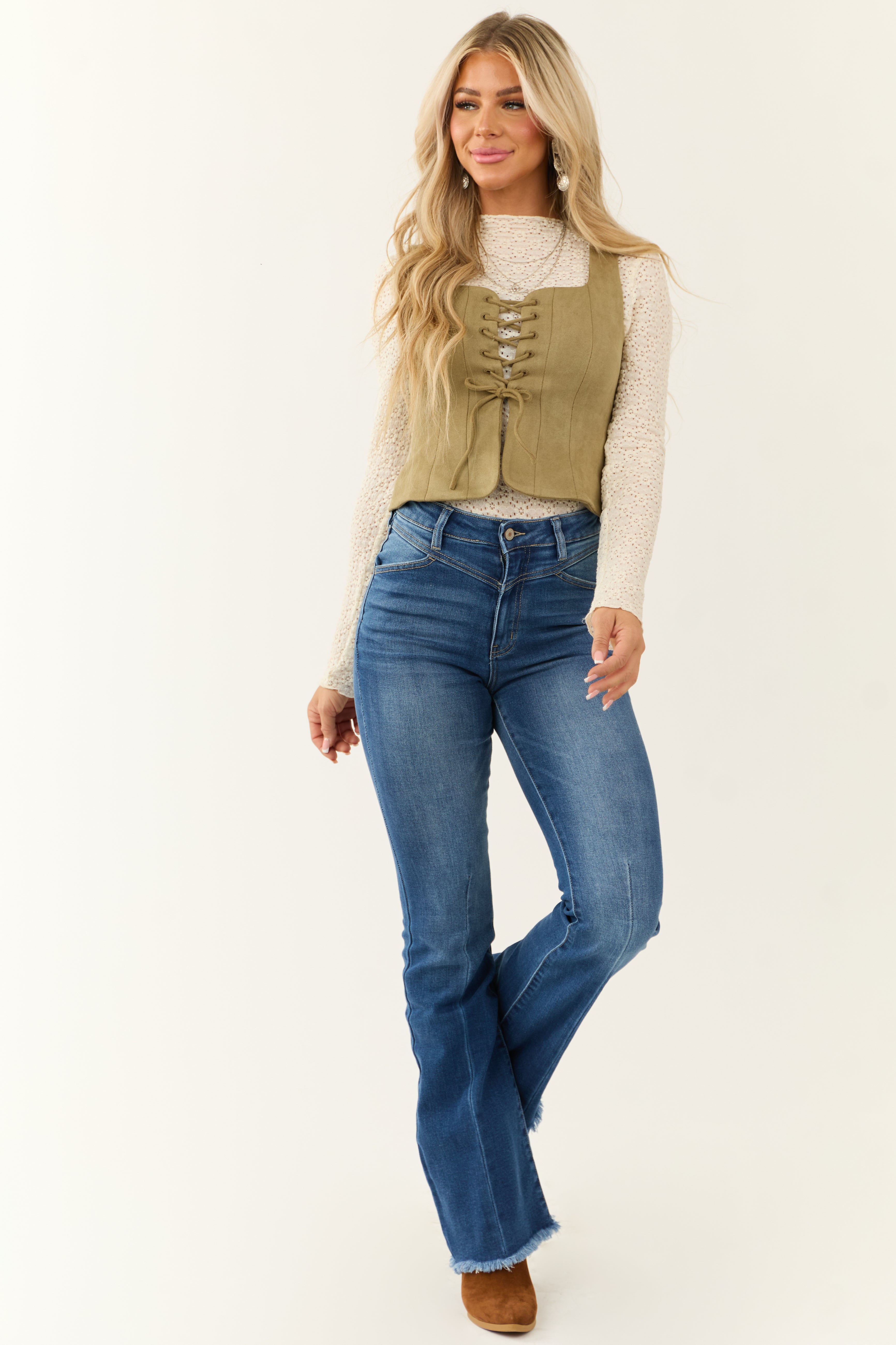 KanCan Medium Wash High Rise Frayed Hem Flare Jeans-Newayad