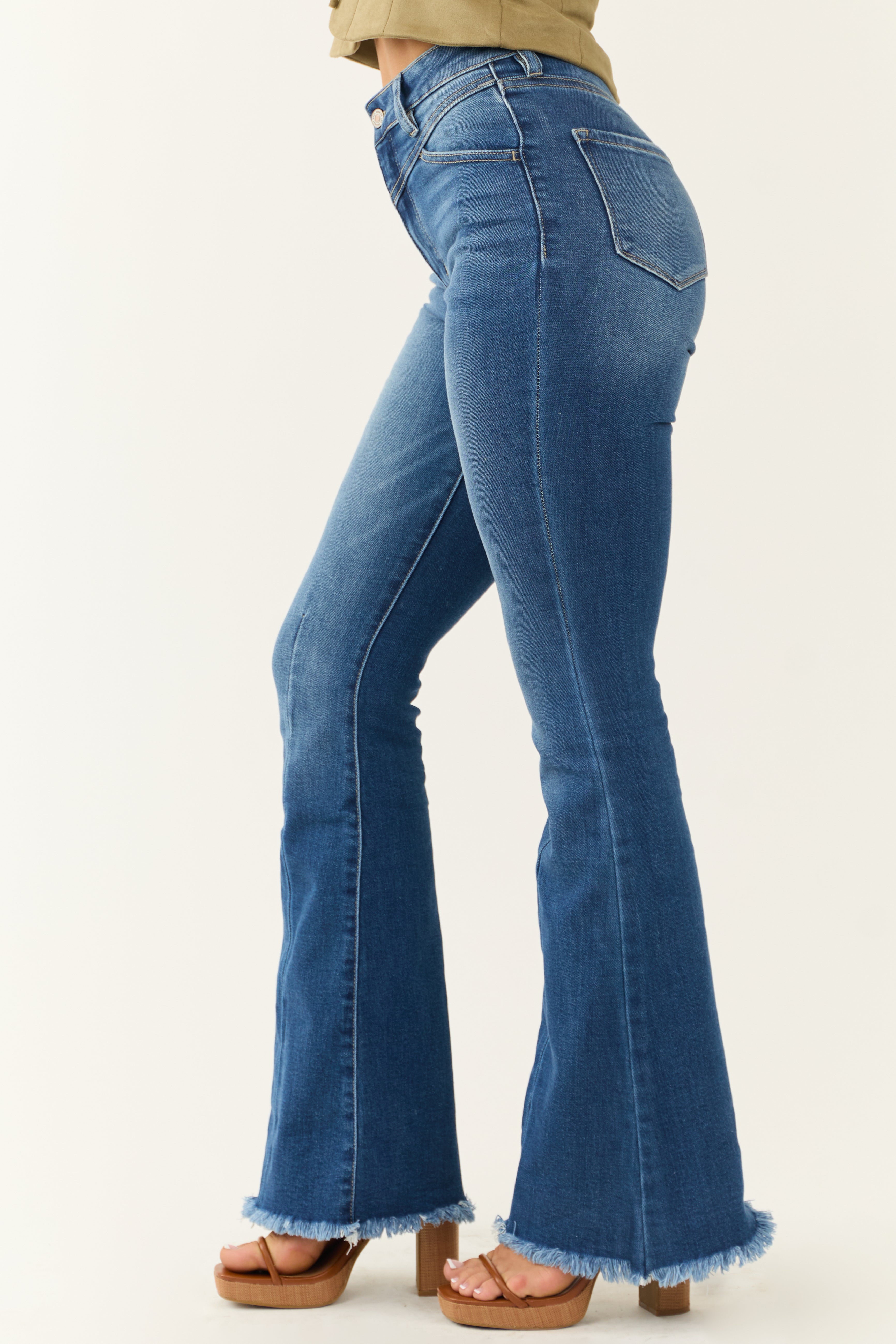 KanCan Medium Wash High Rise Frayed Hem Flare Jeans-Newayad