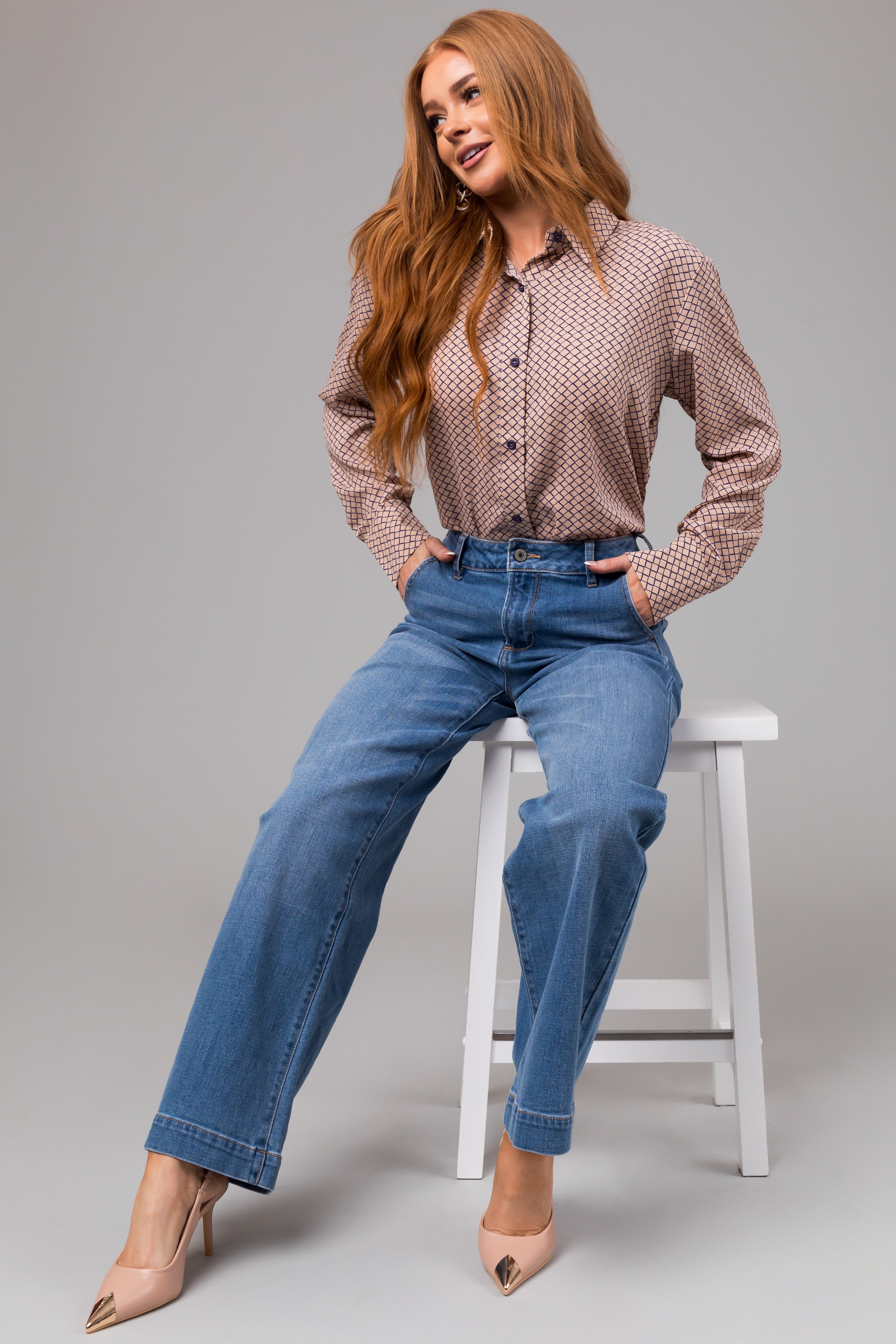 KanCan Medium Wash High Rise Trouser Wide Leg Jeans-Newayad