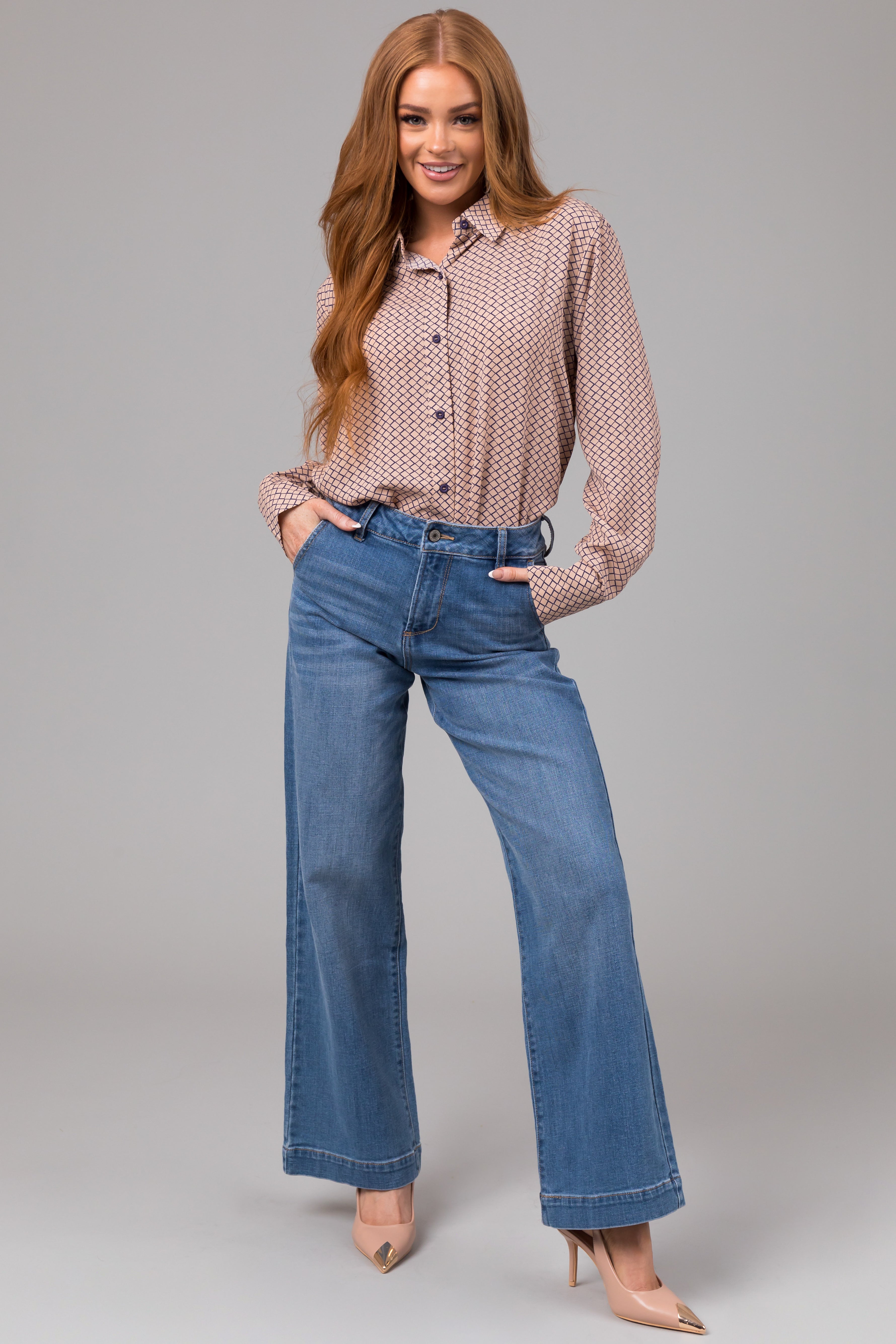 KanCan Medium Wash High Rise Trouser Wide Leg Jeans-Newayad