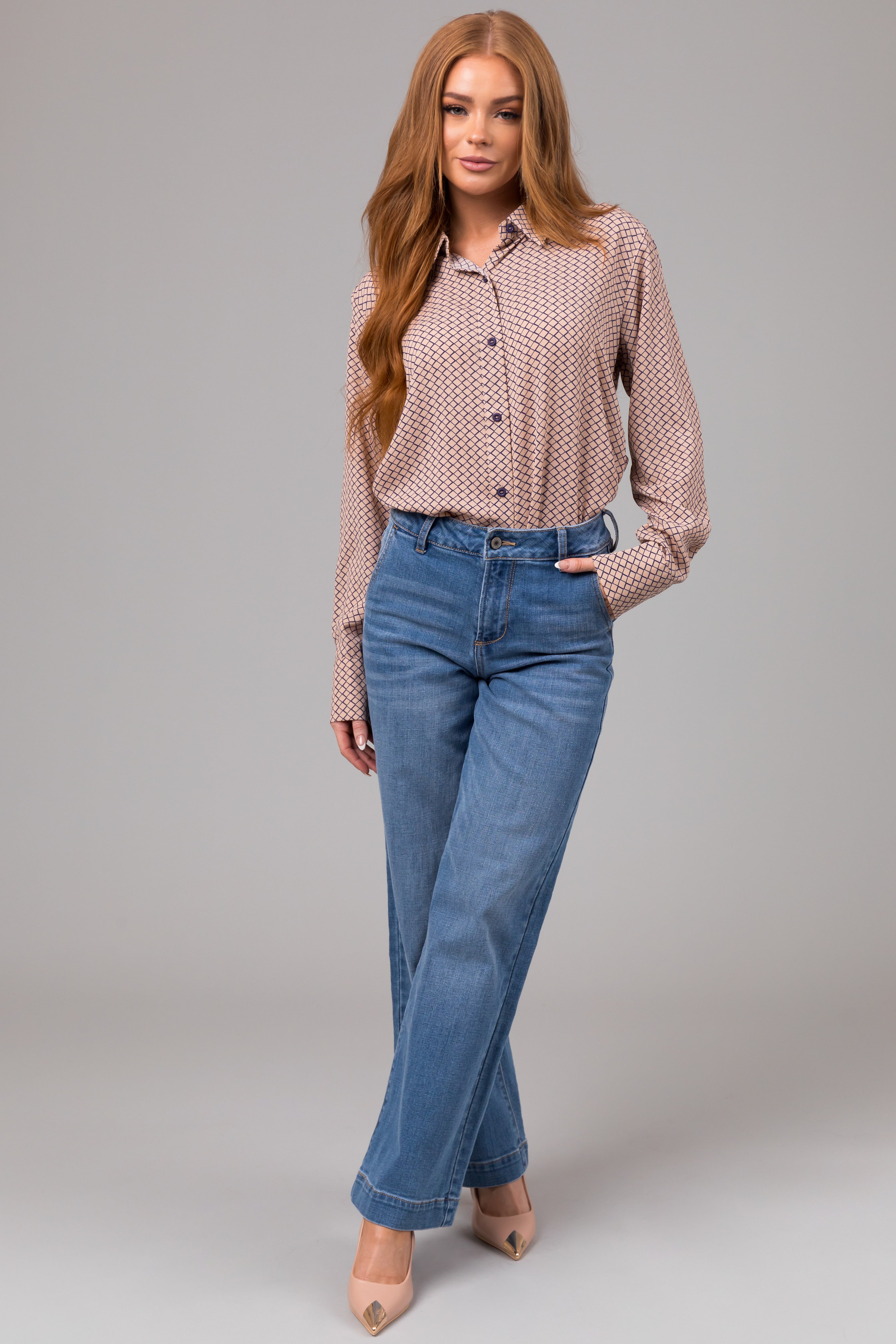 KanCan Medium Wash High Rise Trouser Wide Leg Jeans-Newayad