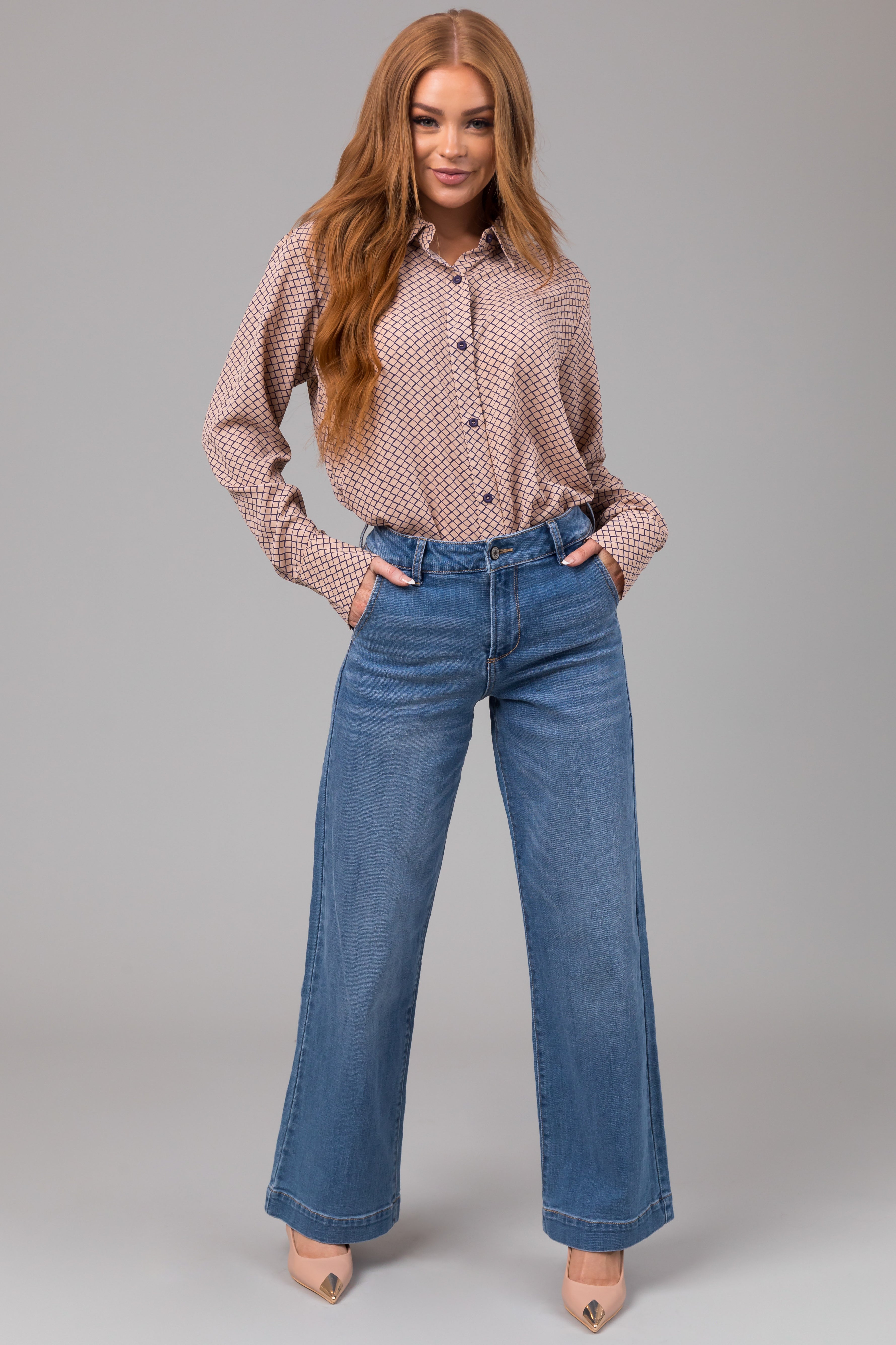 KanCan Medium Wash High Rise Trouser Wide Leg Jeans-Newayad