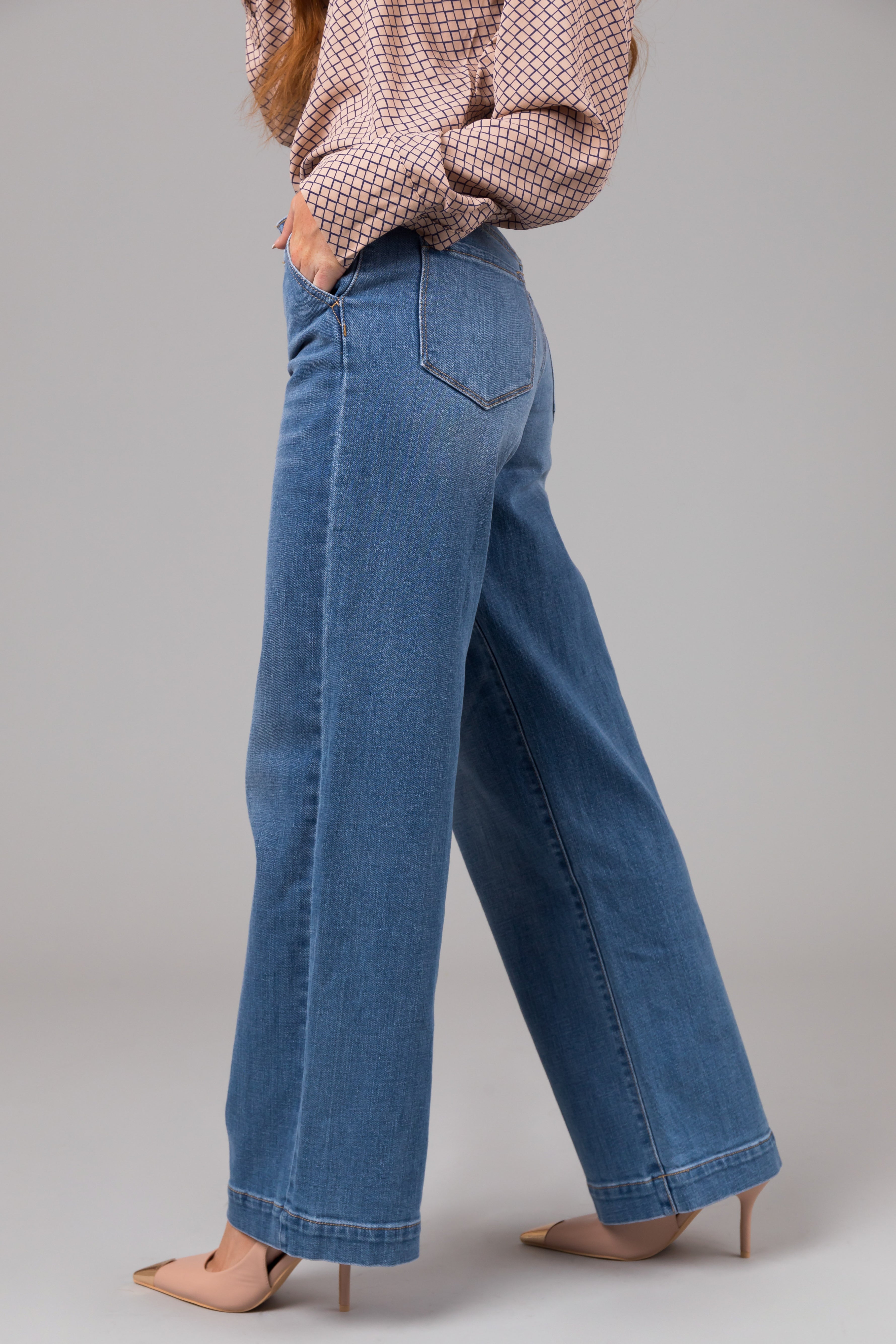 KanCan Medium Wash High Rise Trouser Wide Leg Jeans-Newayad