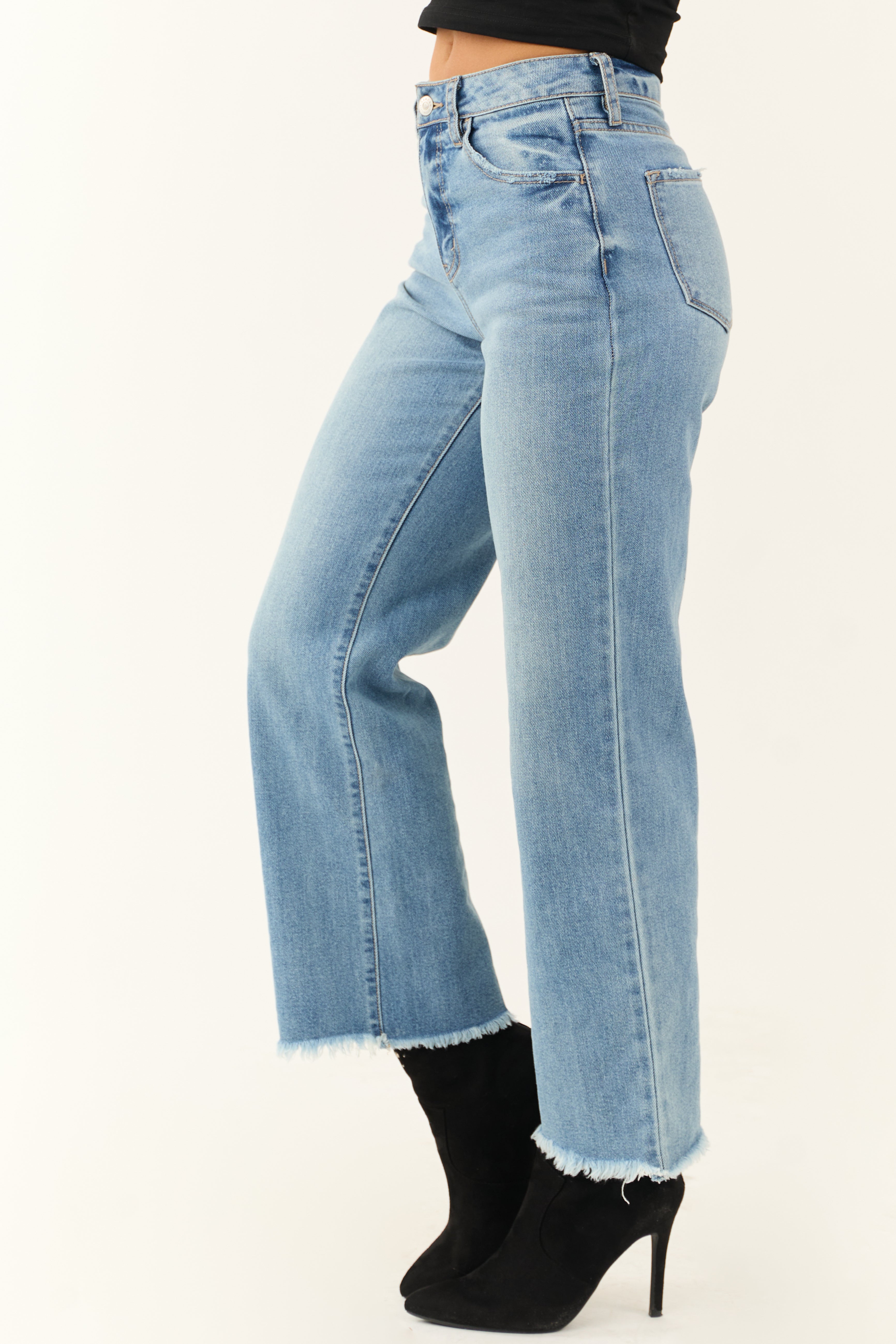 KanCan Medium Wash Wide Leg Frayed Jeans-Newayad