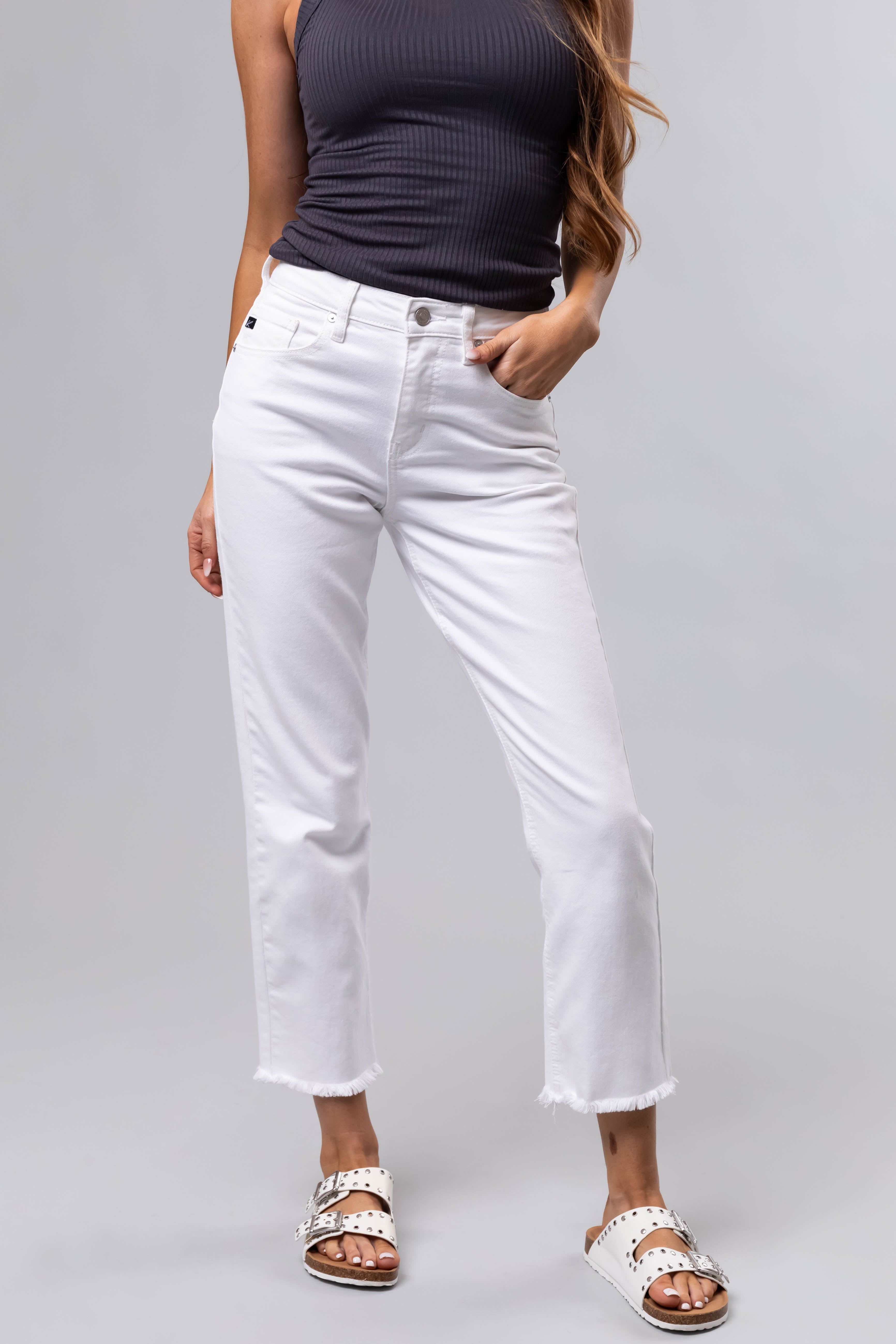 KanCan Off White Cropped Straight Leg Jeans-Newayad