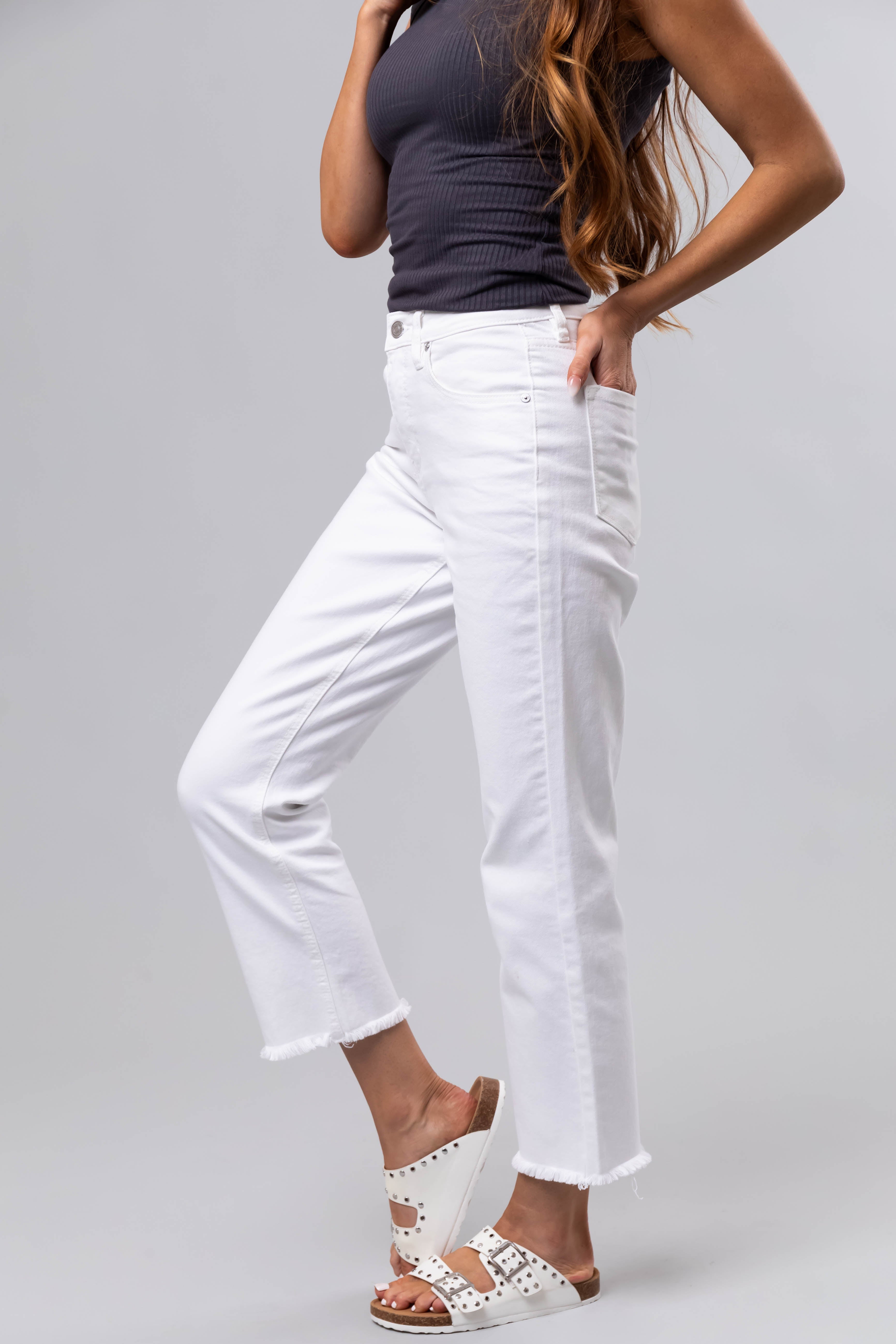 KanCan Off White Cropped Straight Leg Jeans-Newayad