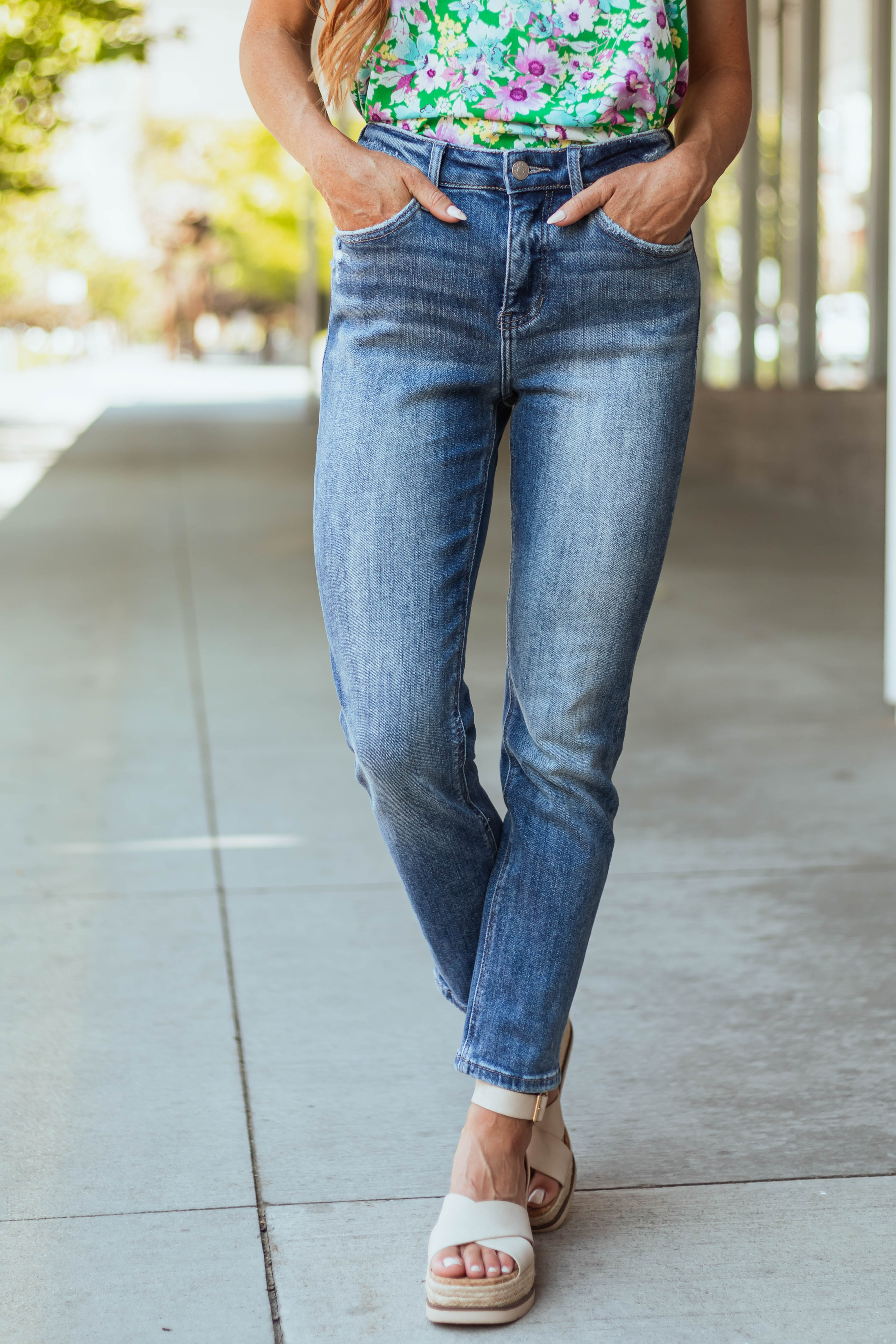 KanCan Medium Wash High Rise Slim Straight Jeans-Newayad