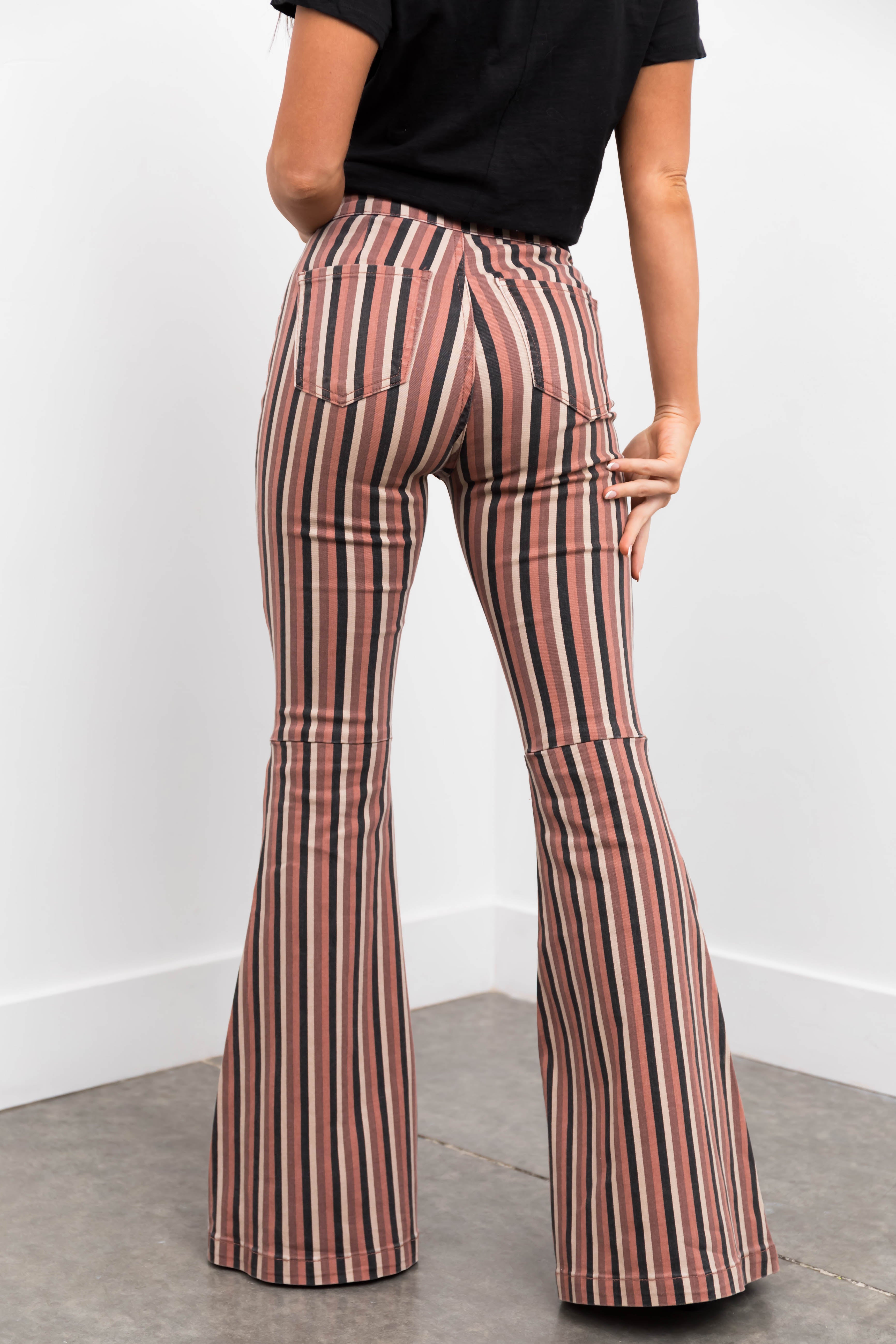 KanCan Rose Taupe Striped Super Flare Jeans-Newayad