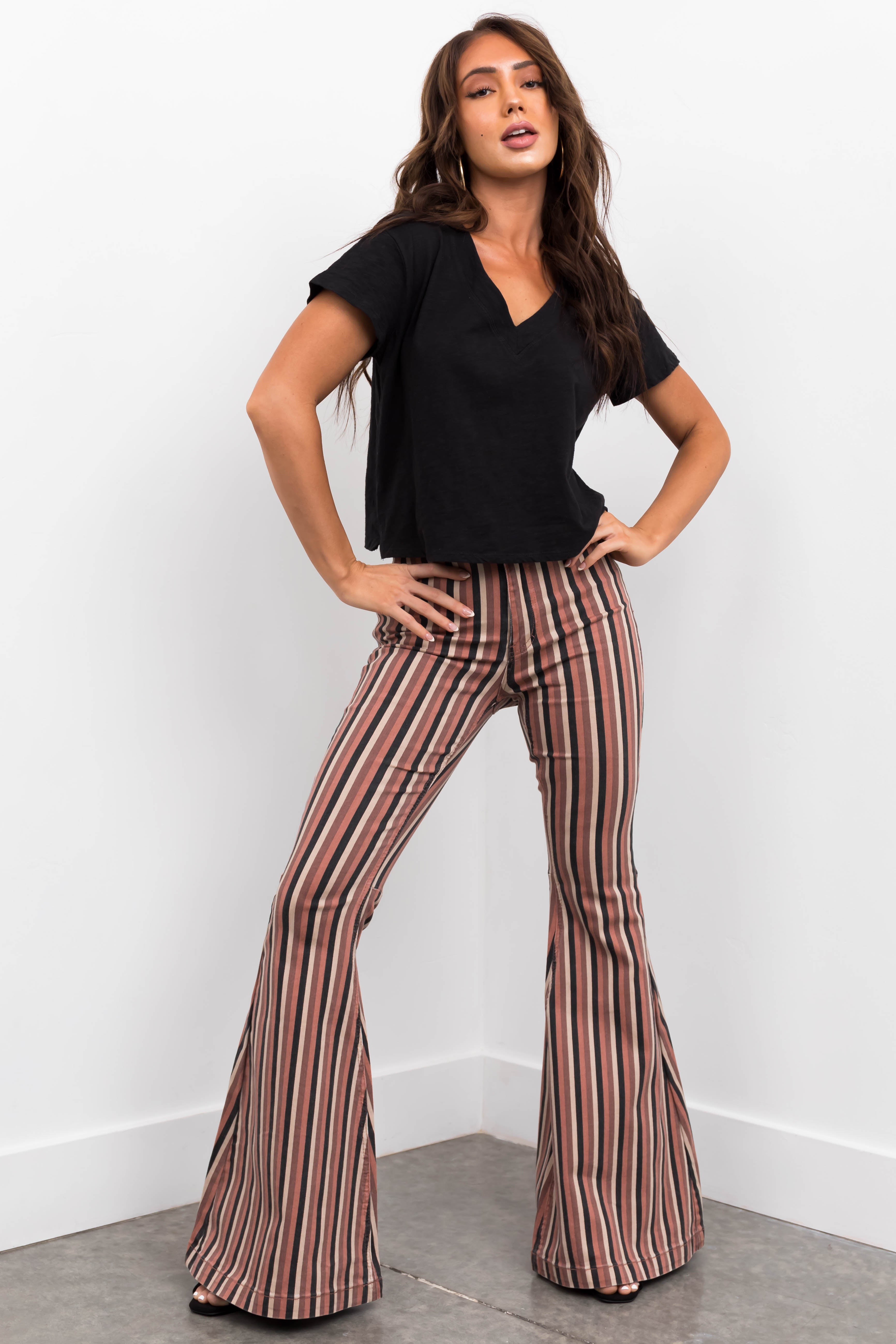 KanCan Rose Taupe Striped Super Flare Jeans-Newayad
