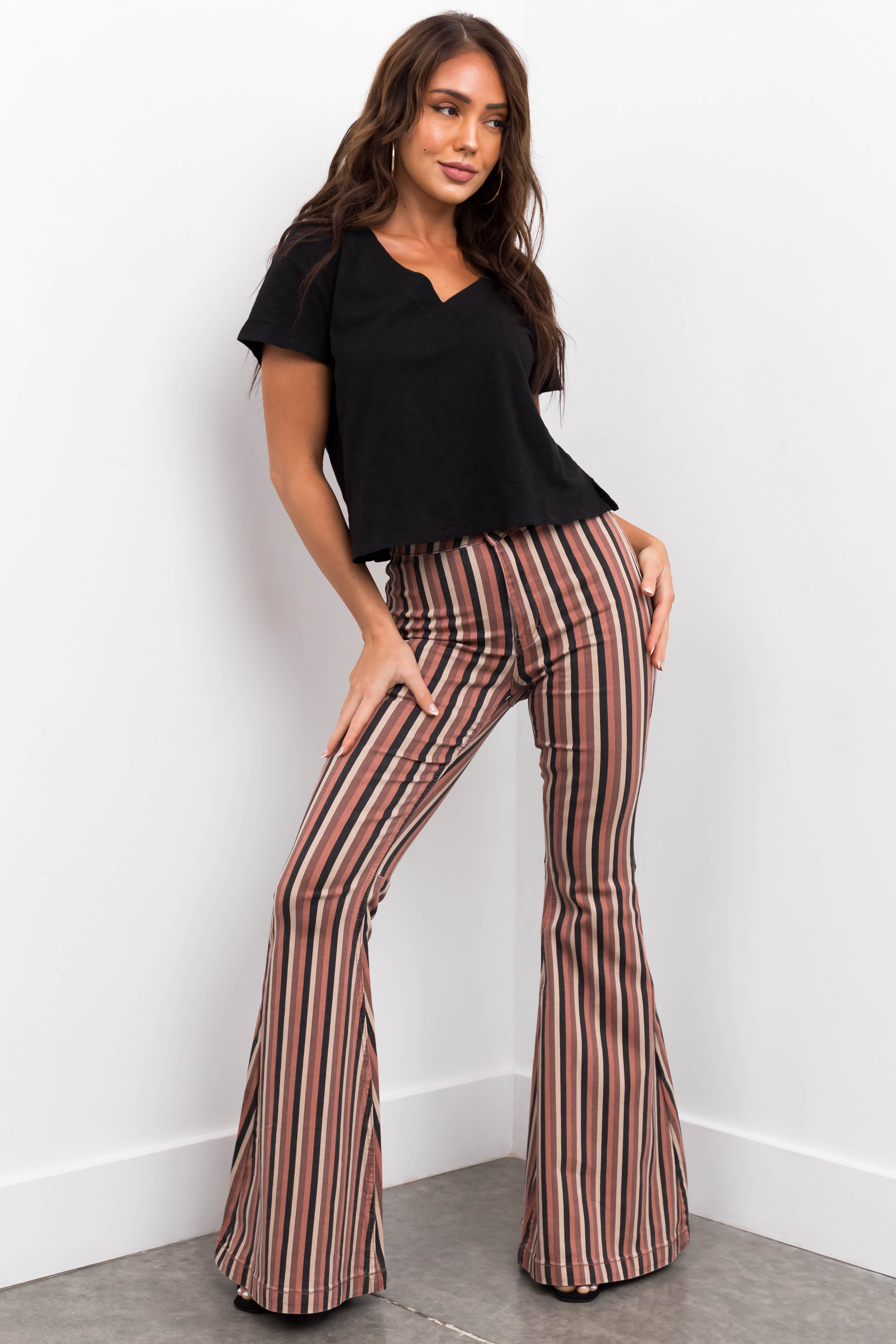 KanCan Rose Taupe Striped Super Flare Jeans-Newayad