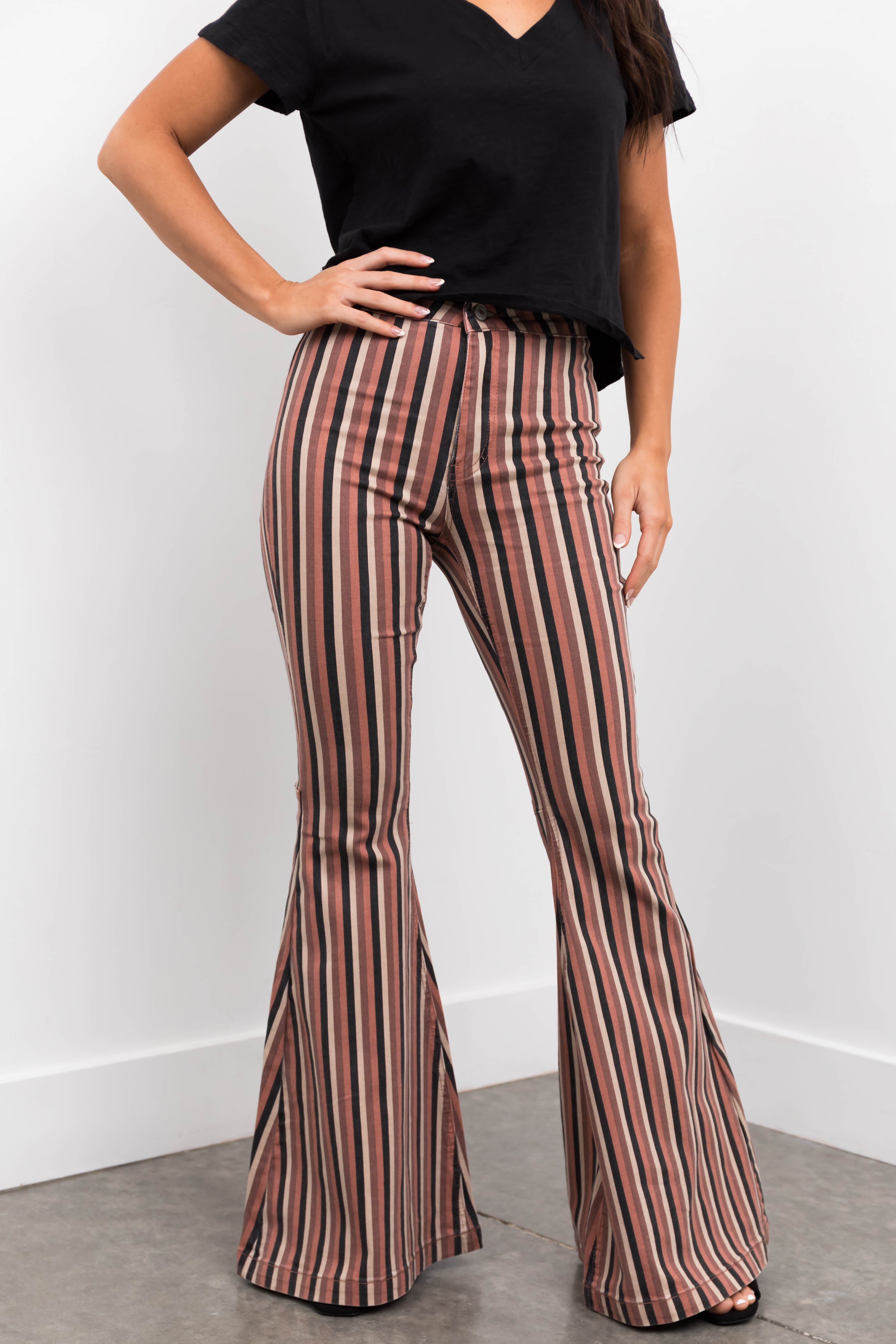 KanCan Rose Taupe Striped Super Flare Jeans-Newayad