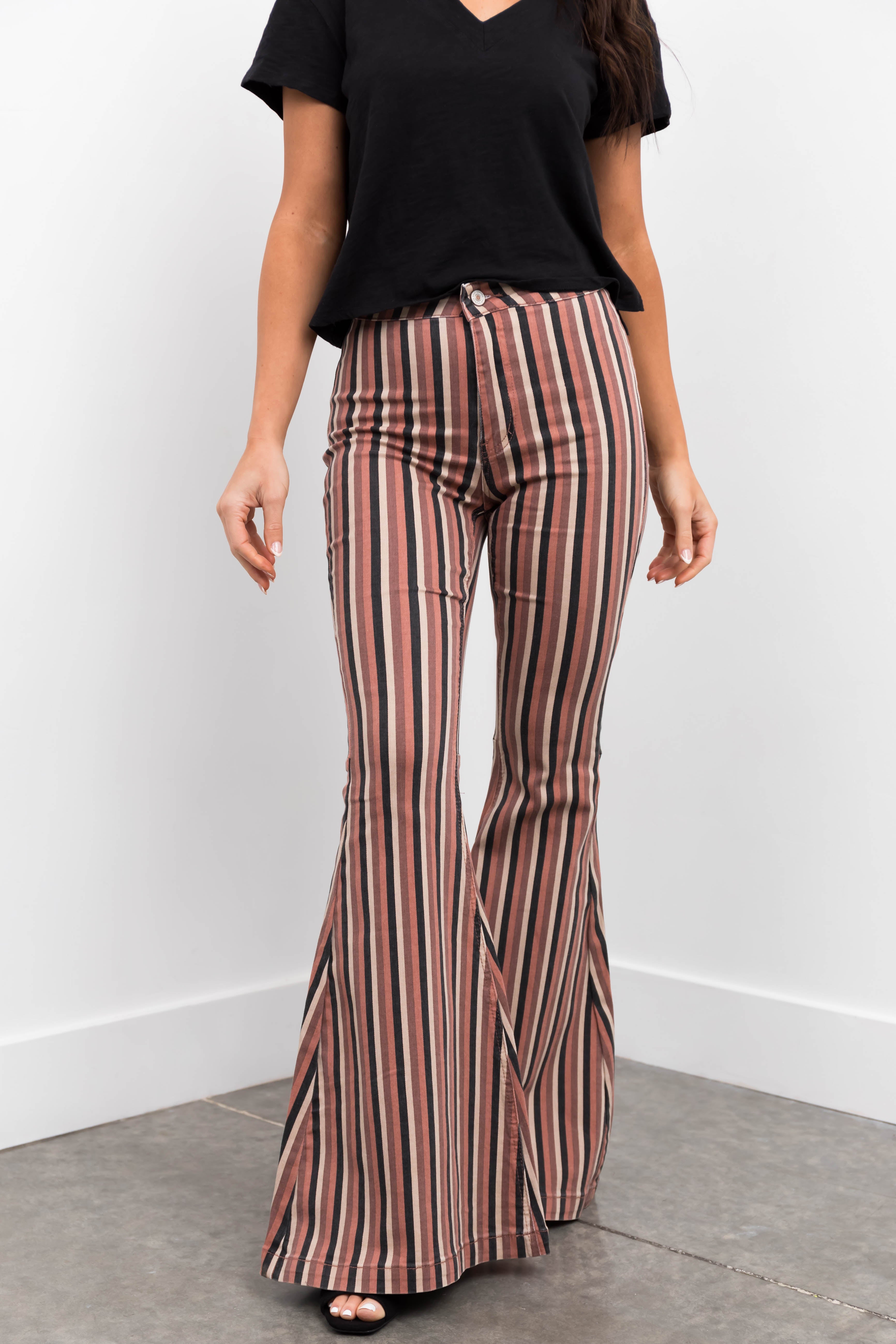 KanCan Rose Taupe Striped Super Flare Jeans-Newayad