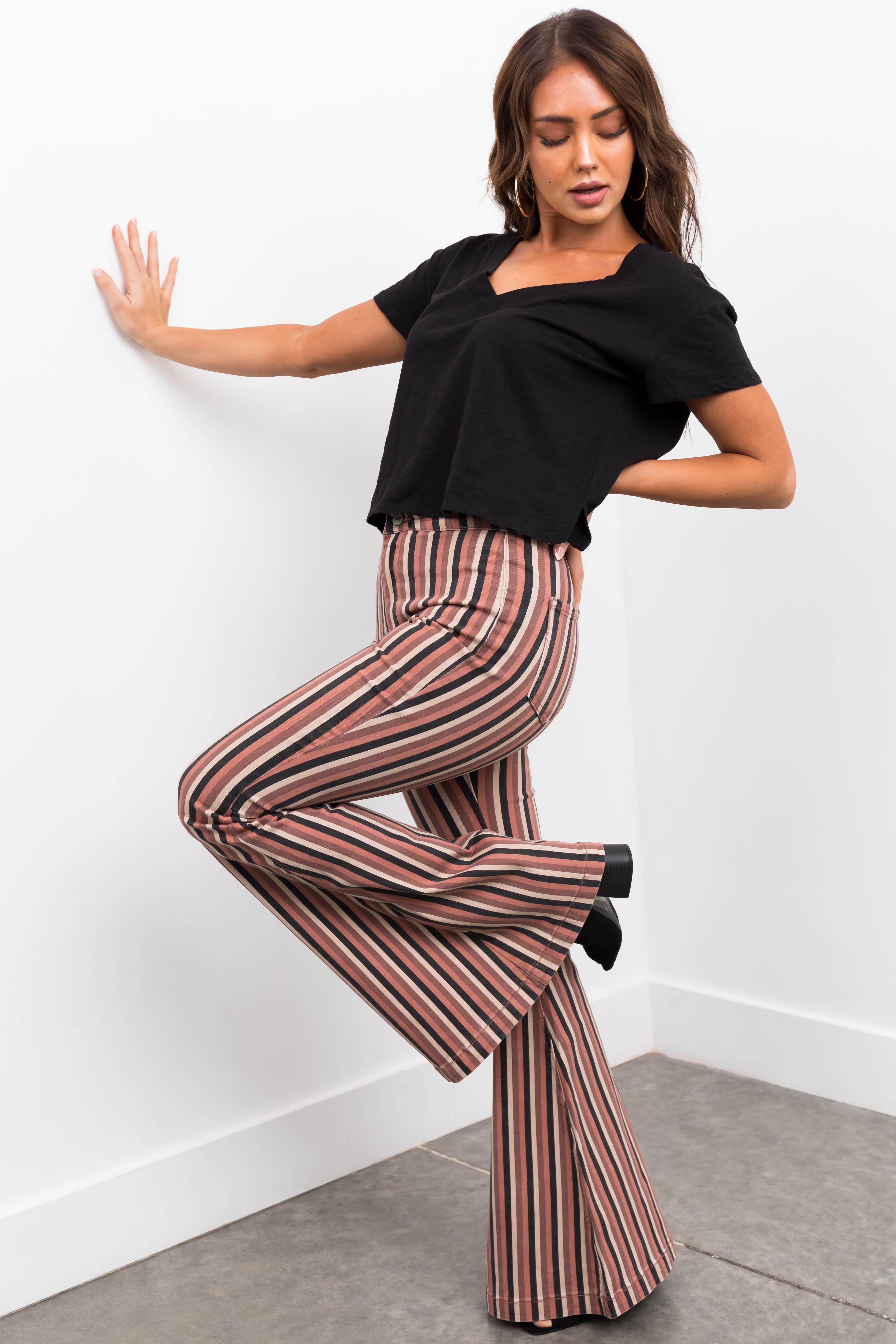 KanCan Rose Taupe Striped Super Flare Jeans-Newayad